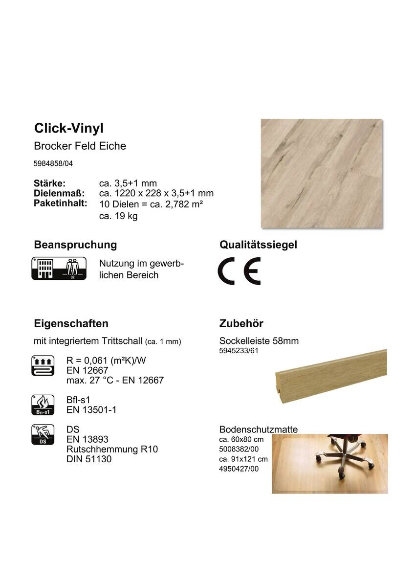 Click-Vinylboden Brocker Feld ca. 2,782 m² im Paket  B/L: ca. 22,8x122 cm pro Paket