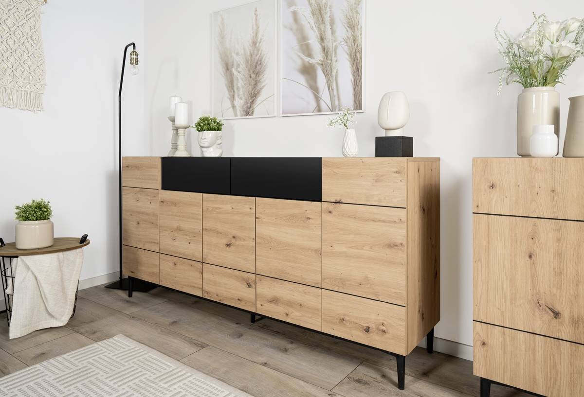 Sideboard Nola Eiche Artisan Nachbildung schwarz B/H/T: ca. 180x90x42 cm