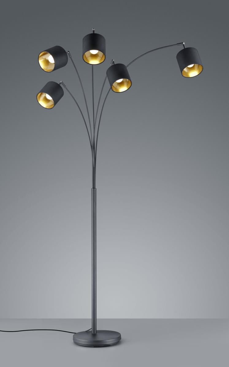 Reality Bogenleuchte Tommy mattschwarz gold Metall Stoff B/H/L: ca. 30x200x72 cm E14 5 Brennstellen