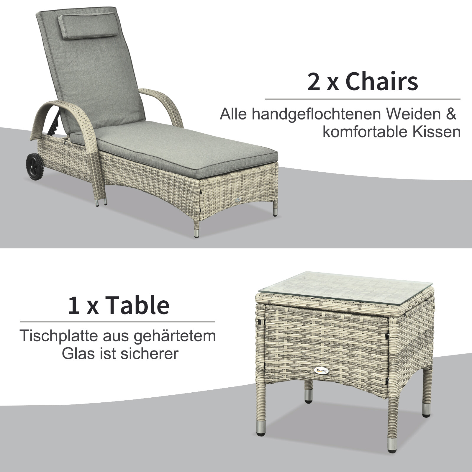 Outsunny Gartenliege-Set mit Tisch grau Polyrattan B/H/L: ca. 73x103x200 cm