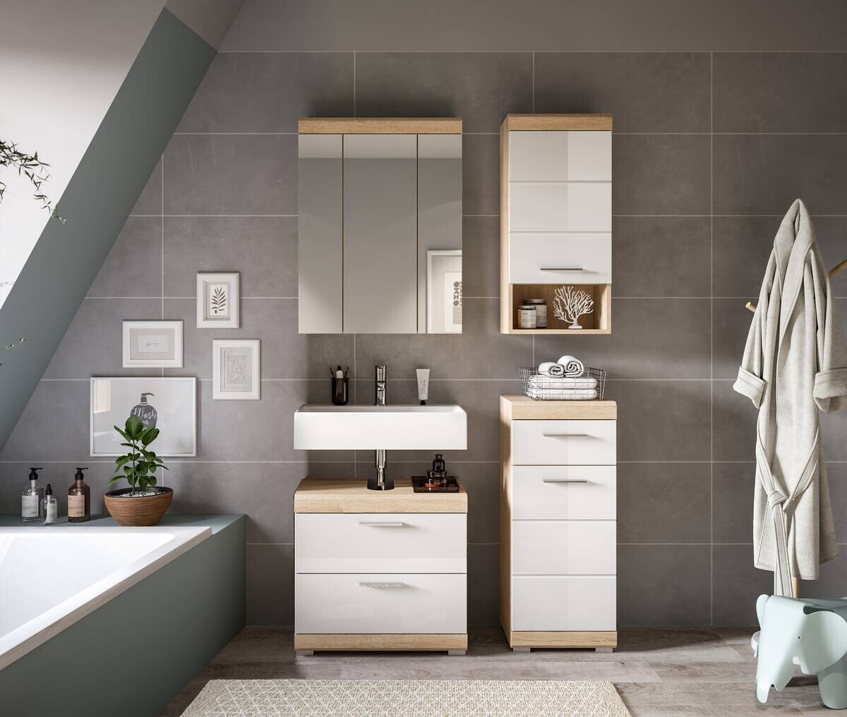 Badezimmer-Set Lambada Eiche Sonoma Nachbildung weiß Hochglanz B/H/T: ca. 112x191x37 cm