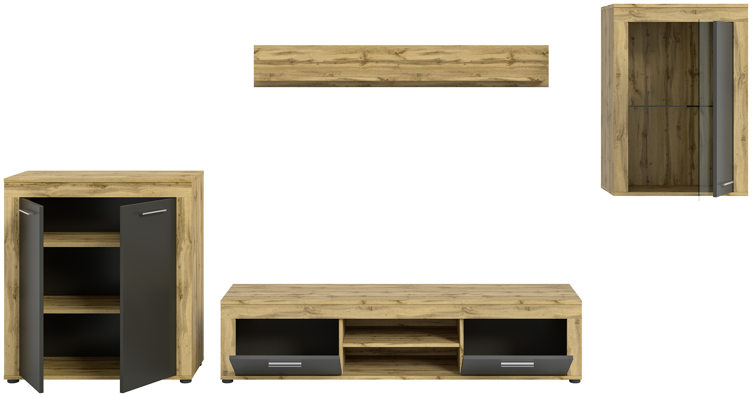 Wohnwand Jam Eiche Wotan Nachbildung grau B/H/T: ca. 330x169x35 cm