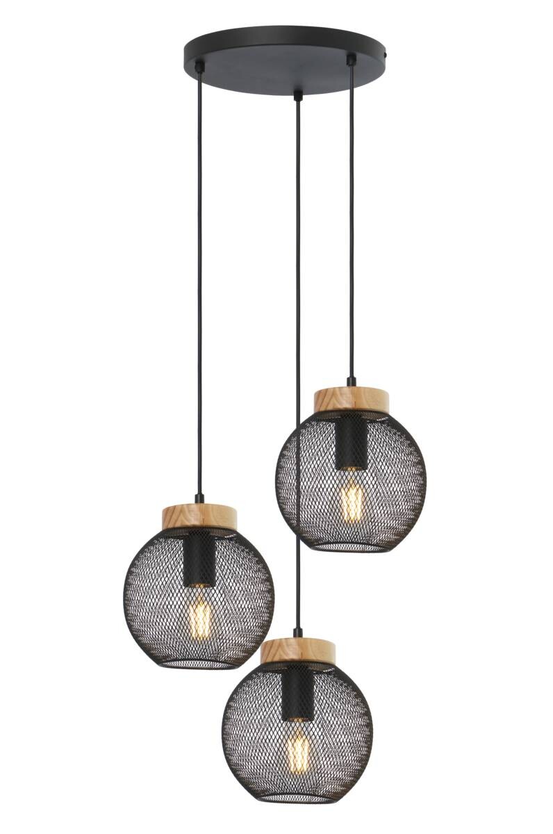 GLOBO Pendelleuchte Pablo schwarz natur Metall Holz H/D: ca. 120x44 cm E27 3 Brennstellen