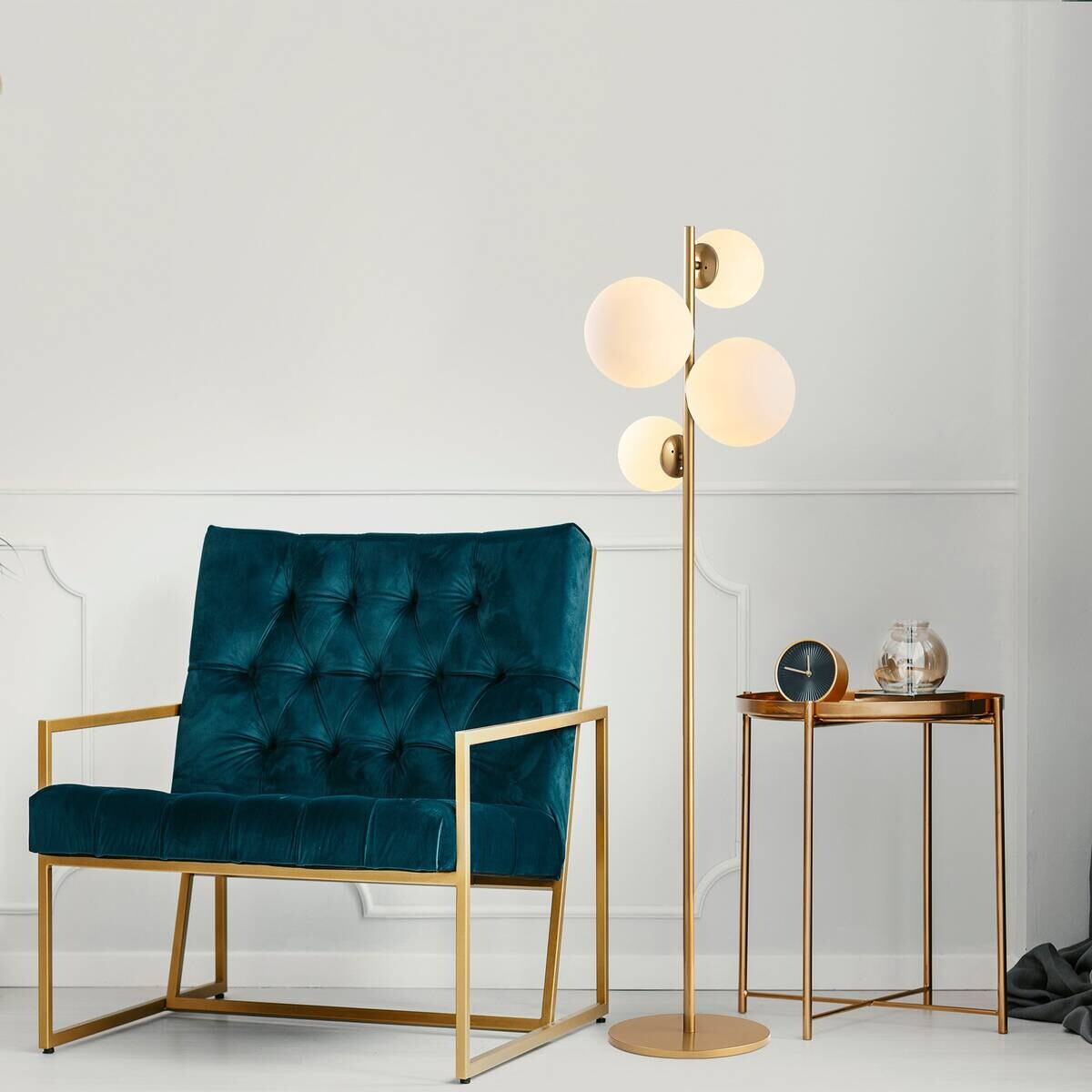 Opviq Stehleuchte gold Glas Metall B/H/T/L/D: ca. 33x162x33x33x33 cm E14 4 Brennstellen