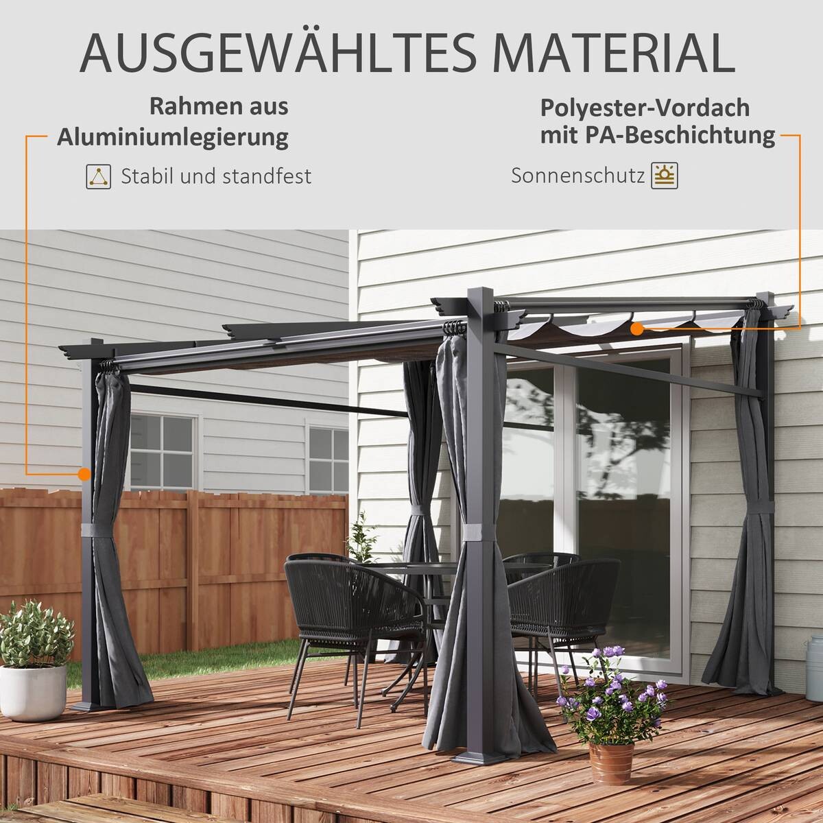 Outsunny Pergola mit Sonnendach grau Polyester B/H/L: ca. 295x230x297 cm