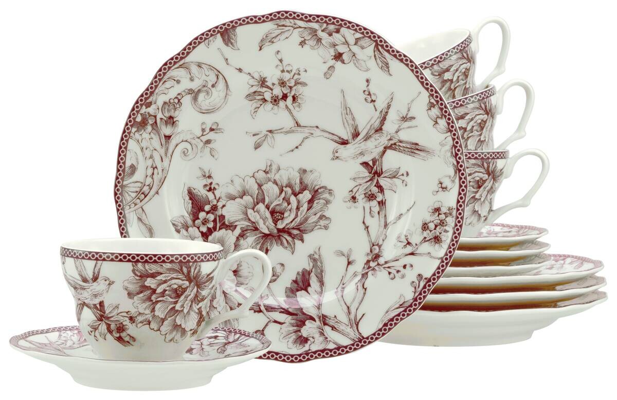 CreaTable Kaffeeservice Adelaide Rot weiß Porzellan 12 tlg.