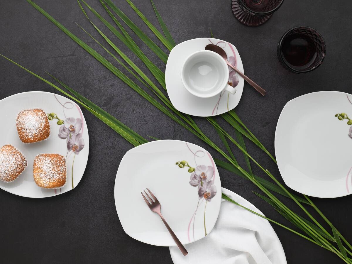 CreaTable Kaffeeservice Square Orchidee weiß Porzellan 18 tlg.