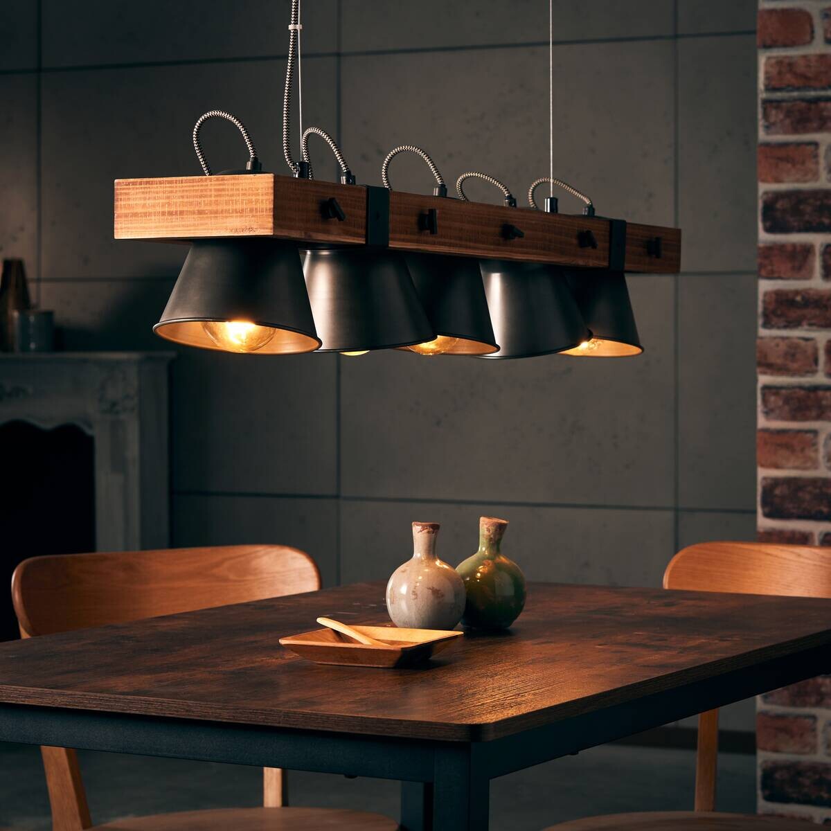 Brilliant Pendelleuchte Plow schwarz dunkelbraun Metall Holz B/T/L: ca. 95x20x115 cm E27 5 Brennstellen