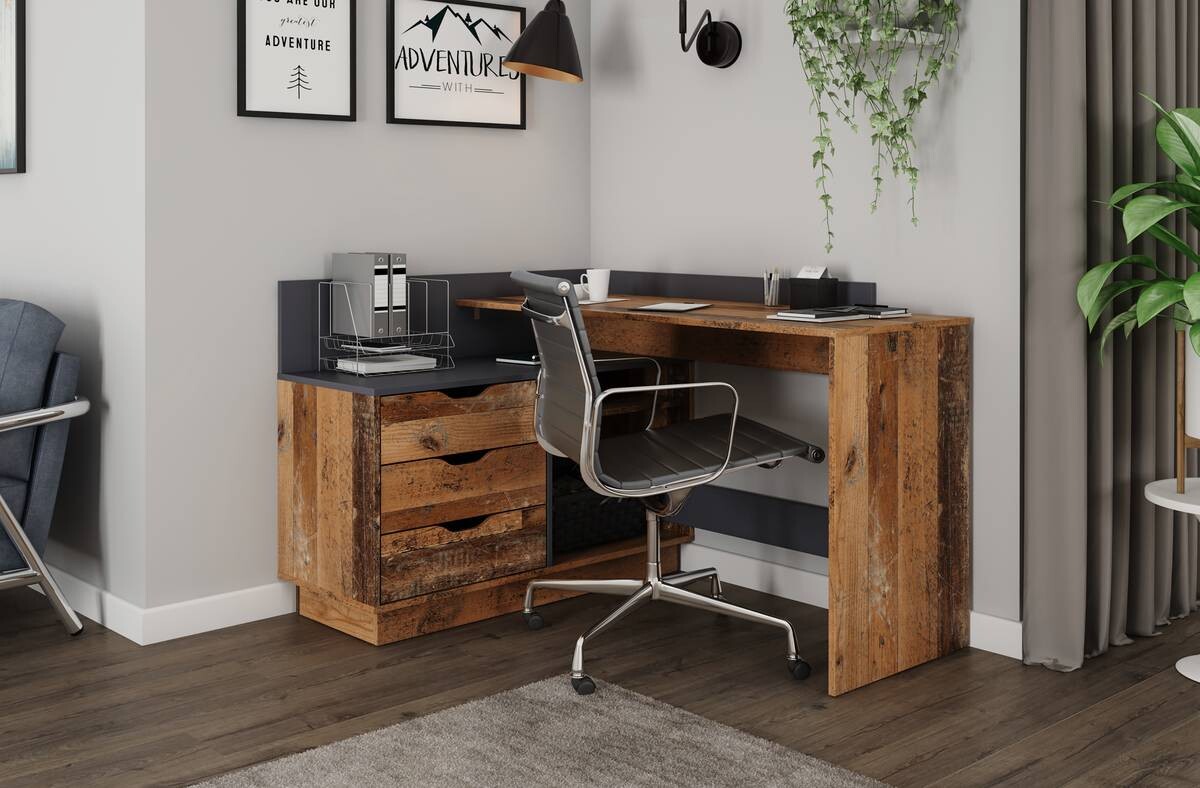 Winkelschreibtisch BELFAST anthrazit Eiche Old Wood Nachbildung B/H/T: ca. 129x83,5x105 cm
