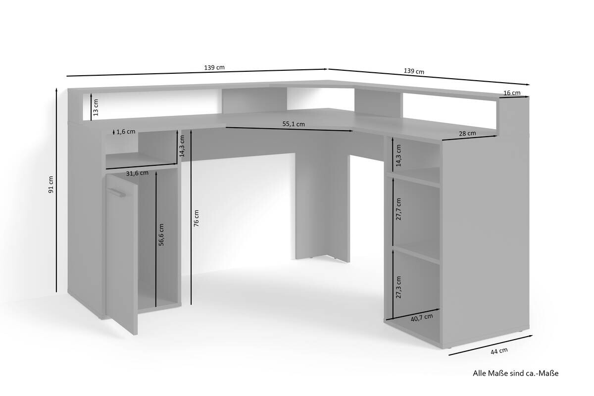 Eckschreibtisch FOX Eiche anthrazit B/H/T: ca. 139x90,8x139 cm