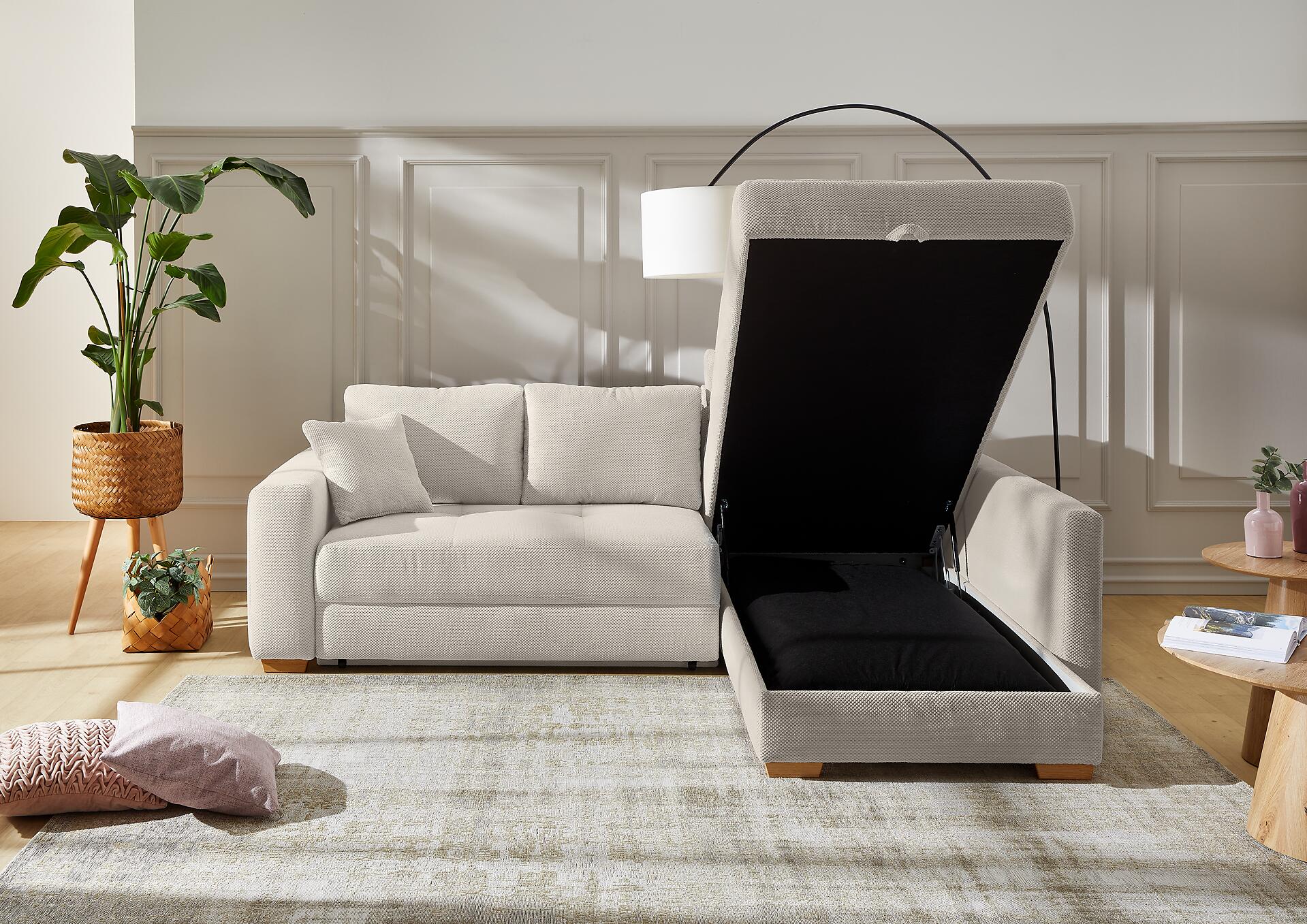 Ecksofa mit Bettfunktion und Bettkasten hellbeige Kord B/H/T: ca. 257x85x206 cm