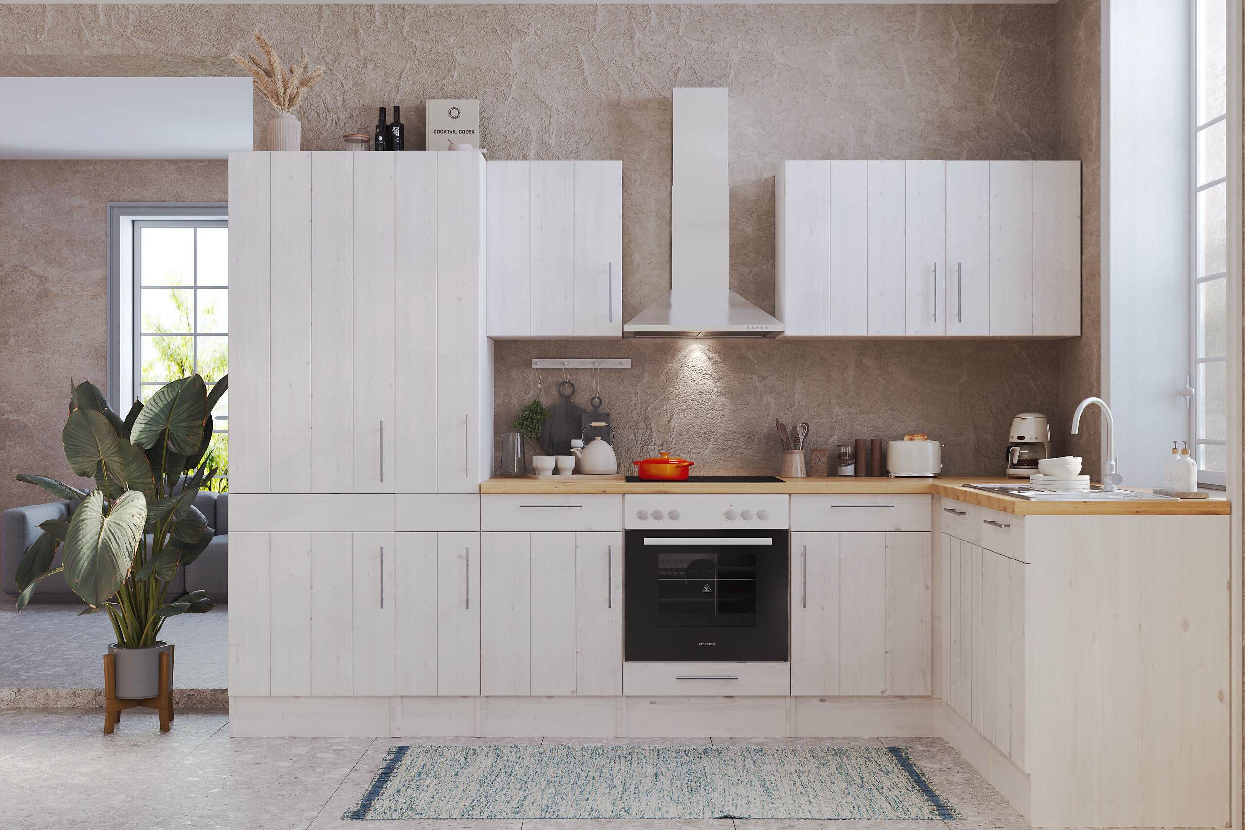 Respekta Winkelküche BERPL310LHWC weiß Lärche Nachbildung B/H/T: ca. 310x211x172 cm