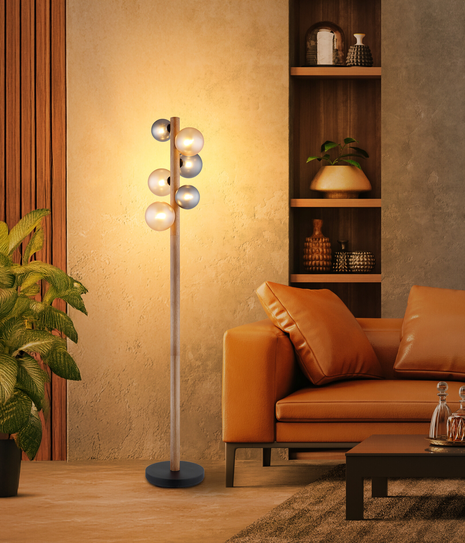 GLOBO LED-Stehleuchte dunkelbraun Rauch amber Holz Glas Metall H/D: ca. 150x29 cm 6 Brennstellen