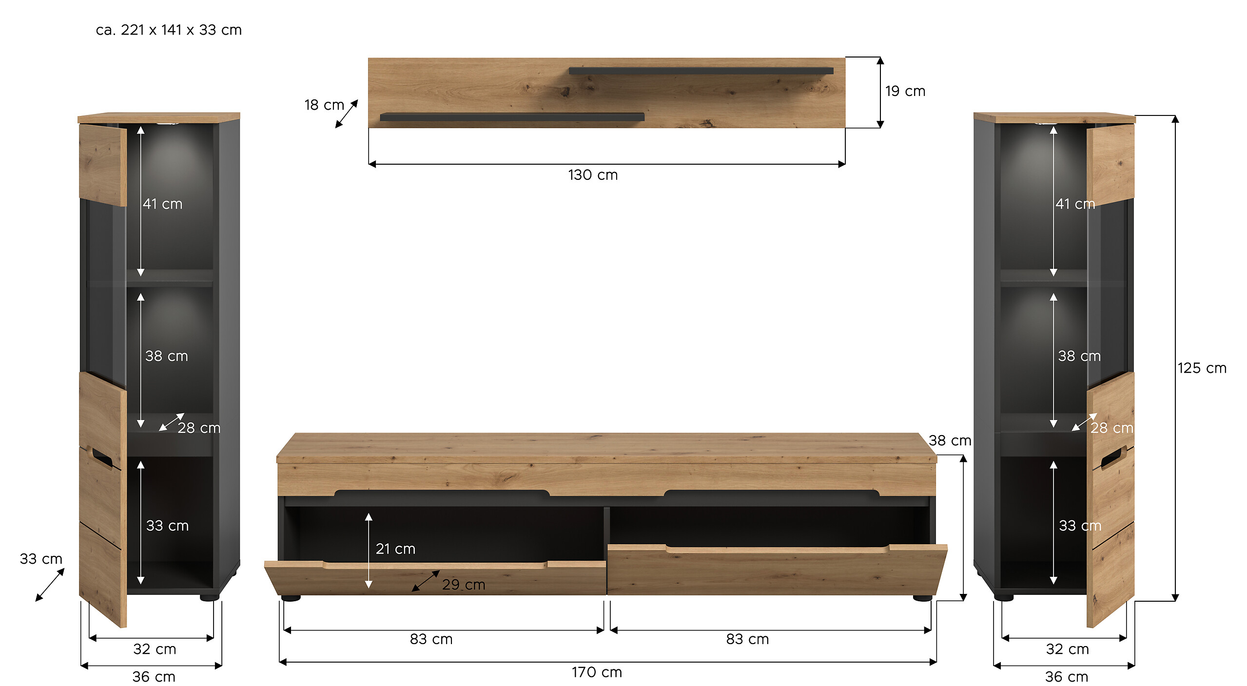 Wohnwand Canu basaltgrau Nachbildung Artisan Oak Nachbildung B/H/T: ca. 272x141x33 cm