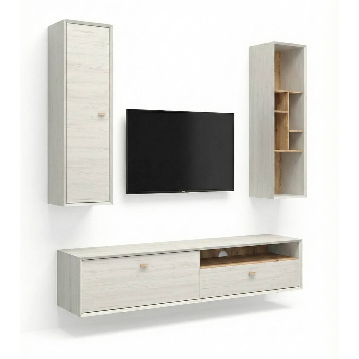 Wohnwand-Set Calvi weiß Pinie Nachbildung Eiche Navarra Nachbildung B/H/T: ca. 279x200x45 cm Wohnwand-Set Calvi weiß Pinie Nachbildung Eiche Navarra Nachbildung B/H/T: ca. 279x200x45 cm