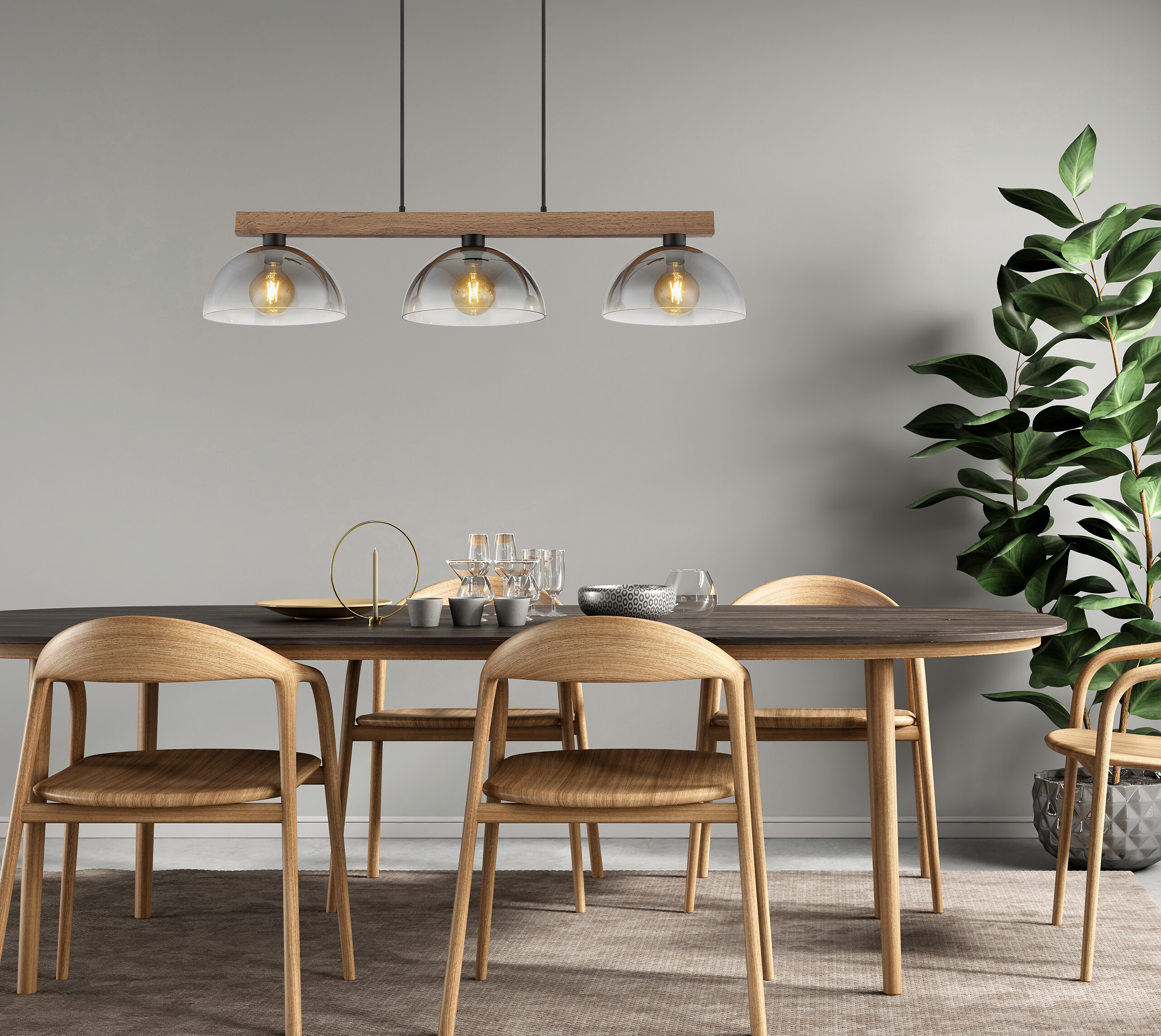 GLOBO Hängeleuchte dunkelbraun mattschwarz Rauch Holz Metall Glas B/H/L: ca. 30x120x114 cm E27 3 Brennstellen