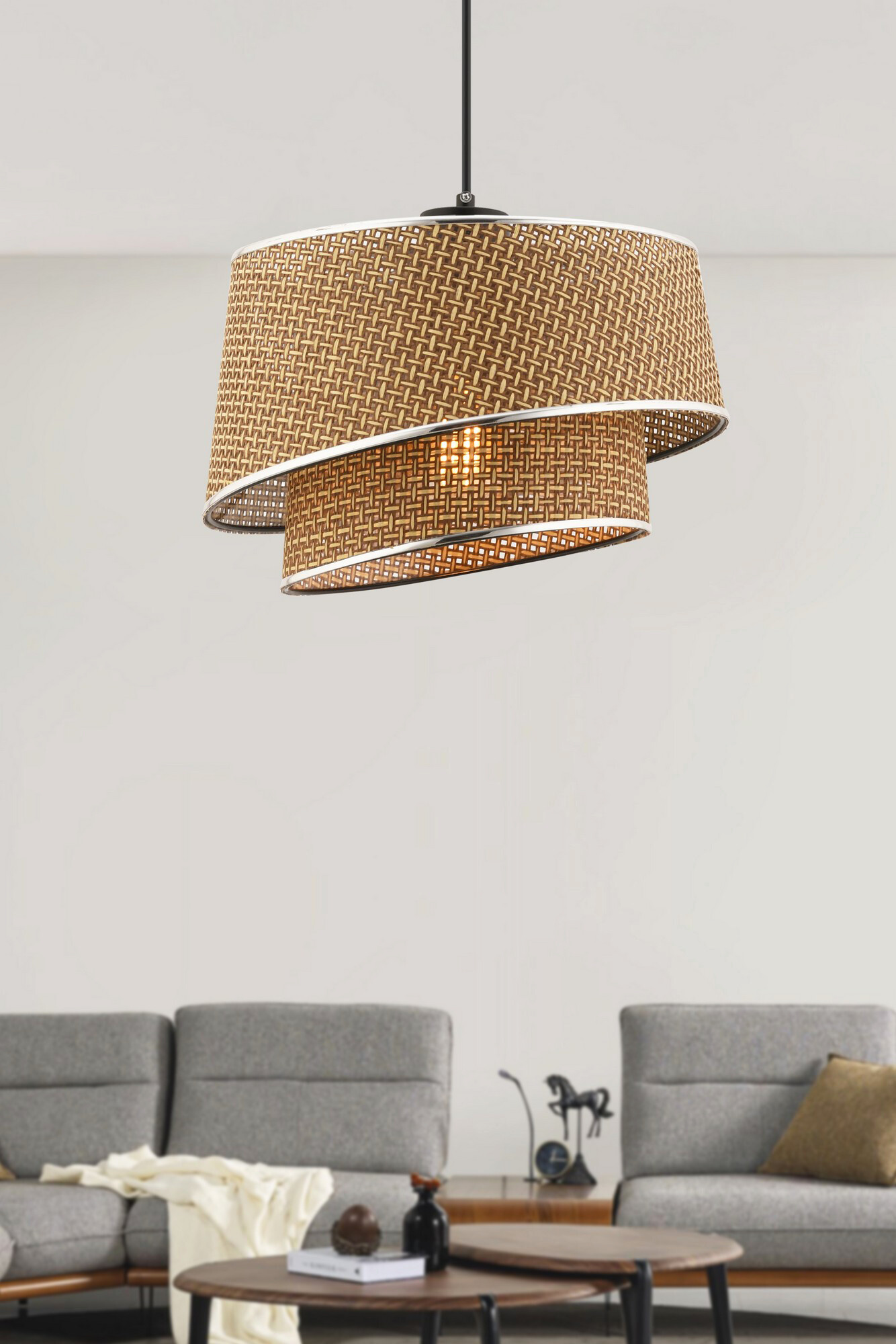 Opviq Pendelleuchte Barette beige silber Stoff Metall B/H/L: ca. 32x65x32 cm E27 1 Brennstellen