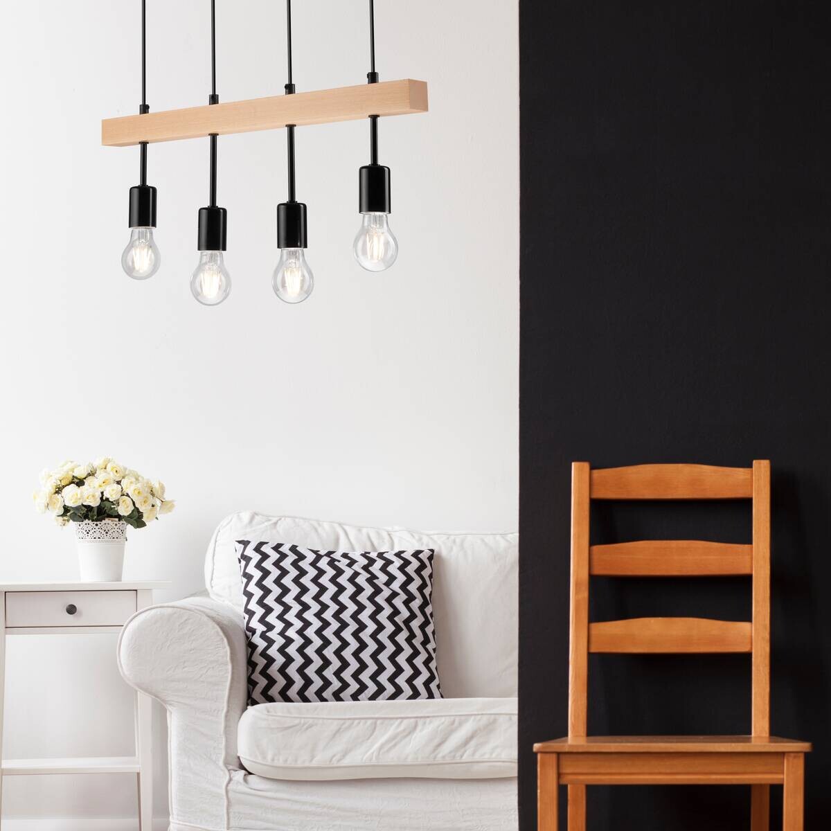 Lamkur Deckenleuchte schwarz Stahl Holz B/H/L: ca. 25x30x70 cm 4 Brennstellen