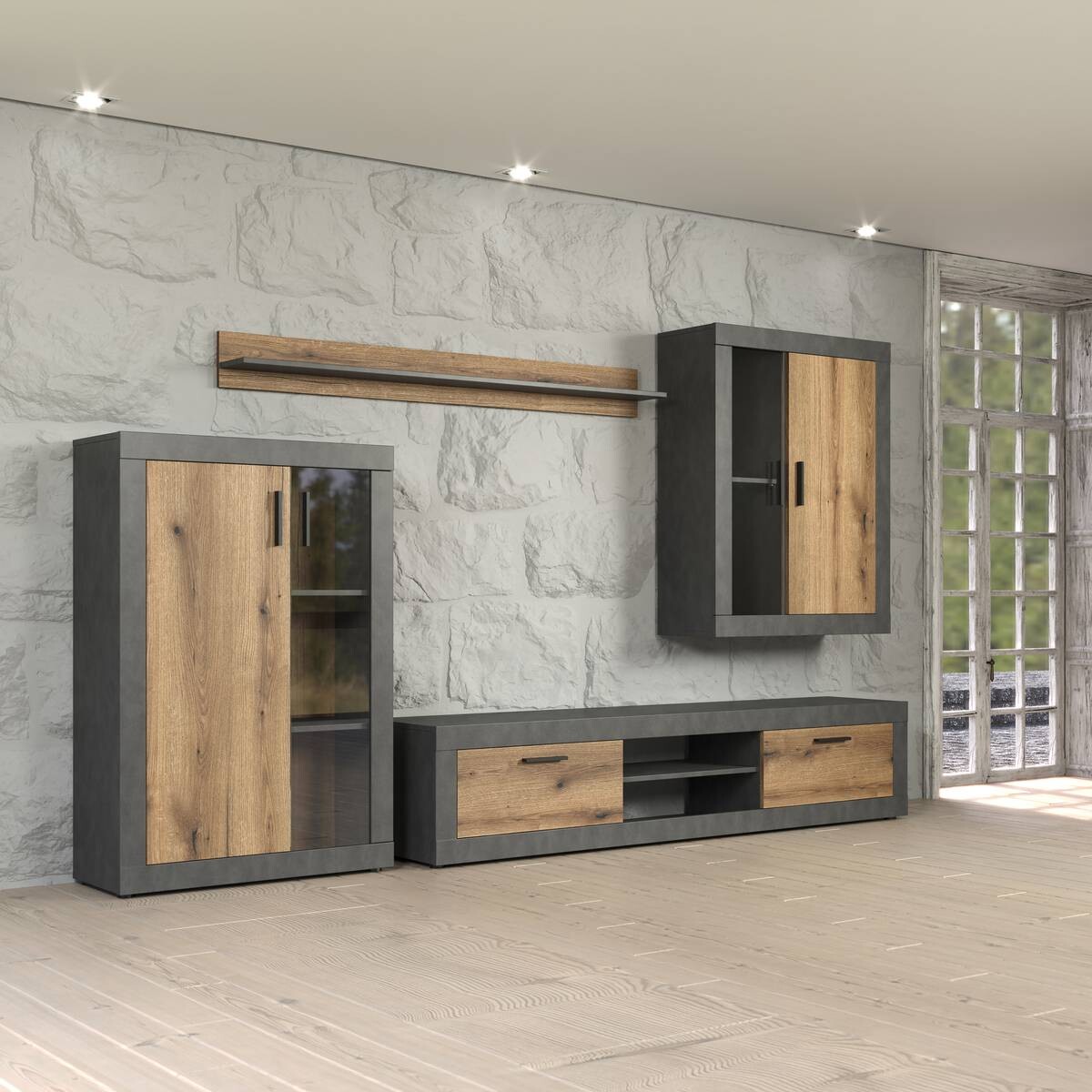 Wohnwand Salvada Eiche Evoke Coast Nachbildung anthrazit B/H/T: ca. 285x188x40 cm