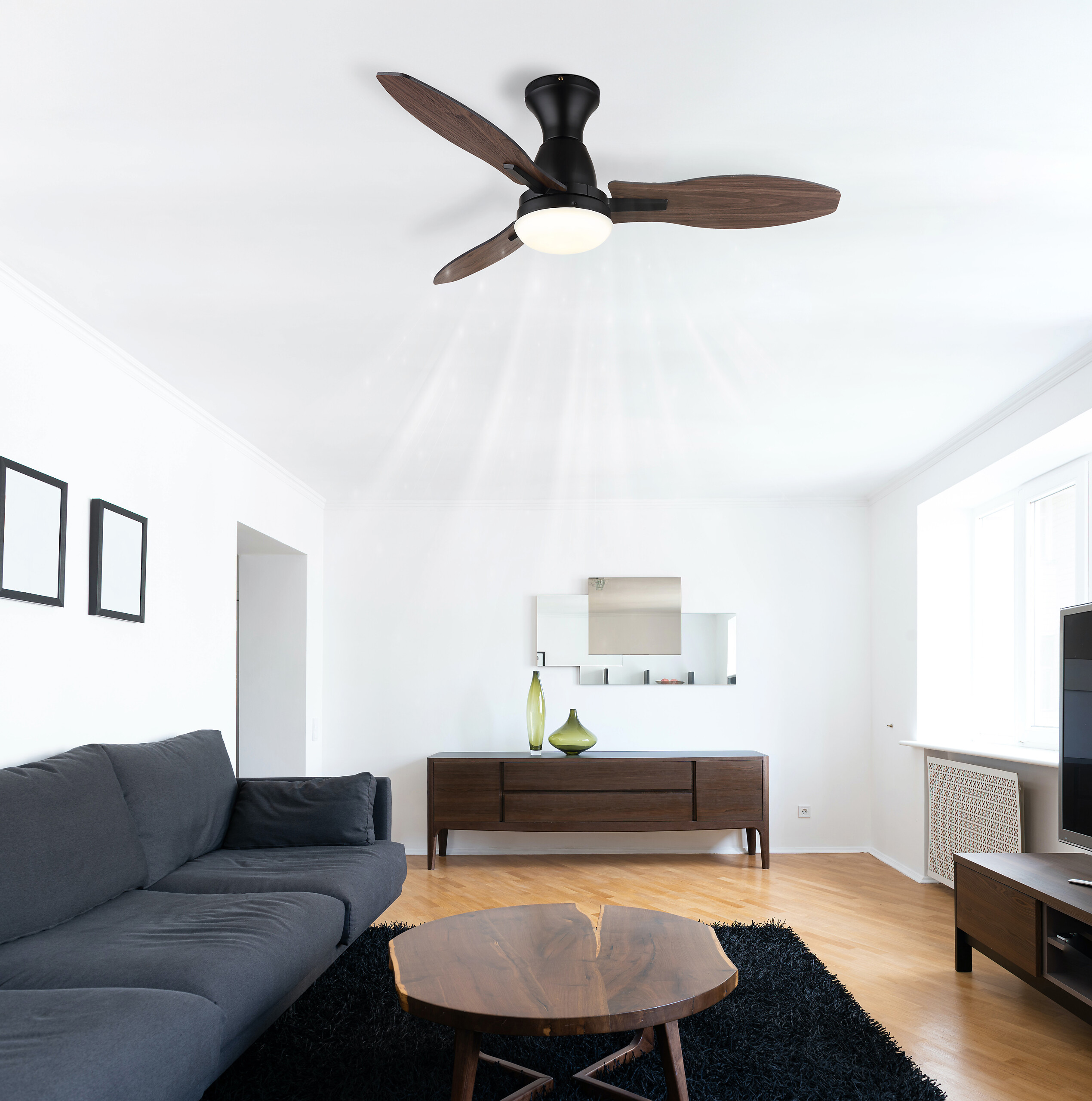 GLOBO LED-Deckenventilator Opal mattschwarz braun Metall Kunststoff H/D: ca. 32,5x107 cm 1 Brennstellen