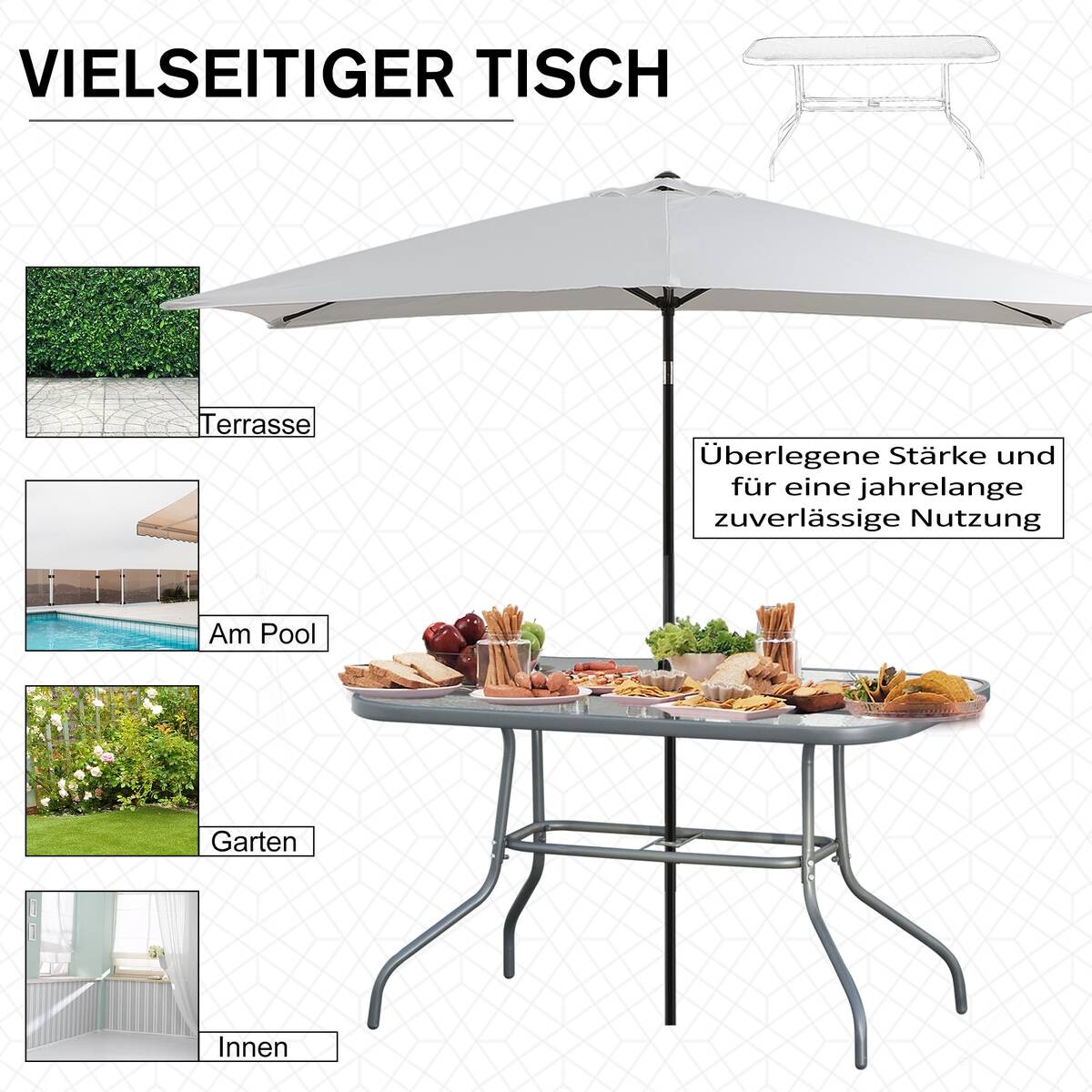 Outsunny Gartentisch grau Glas B/H/L: ca. 80x70x120 cm
