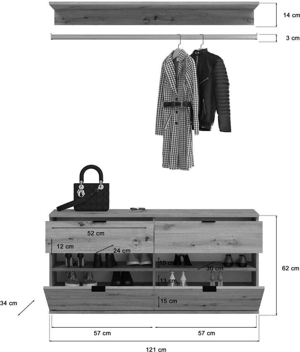 Garderobe PROJEKT Eiche Artisan Nachbildung Spiegel B/H/T: ca. 273x193x34 cm
