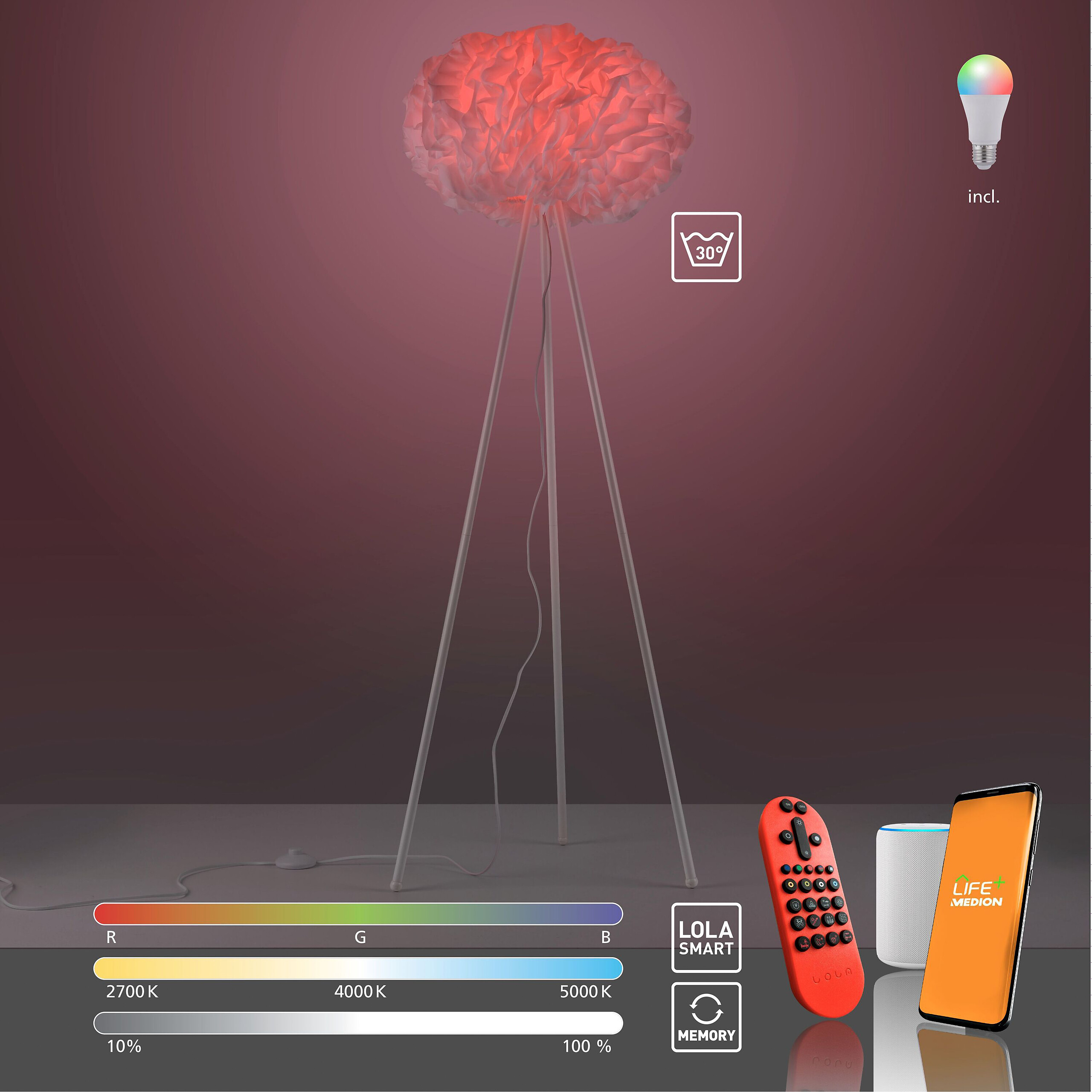 Just Light Smarte Stehleuchte PN11212-16 Naomi weiß Eisen Kunststoff Stoff H/D: ca. 140x47 cm E27 1 Brennstellen