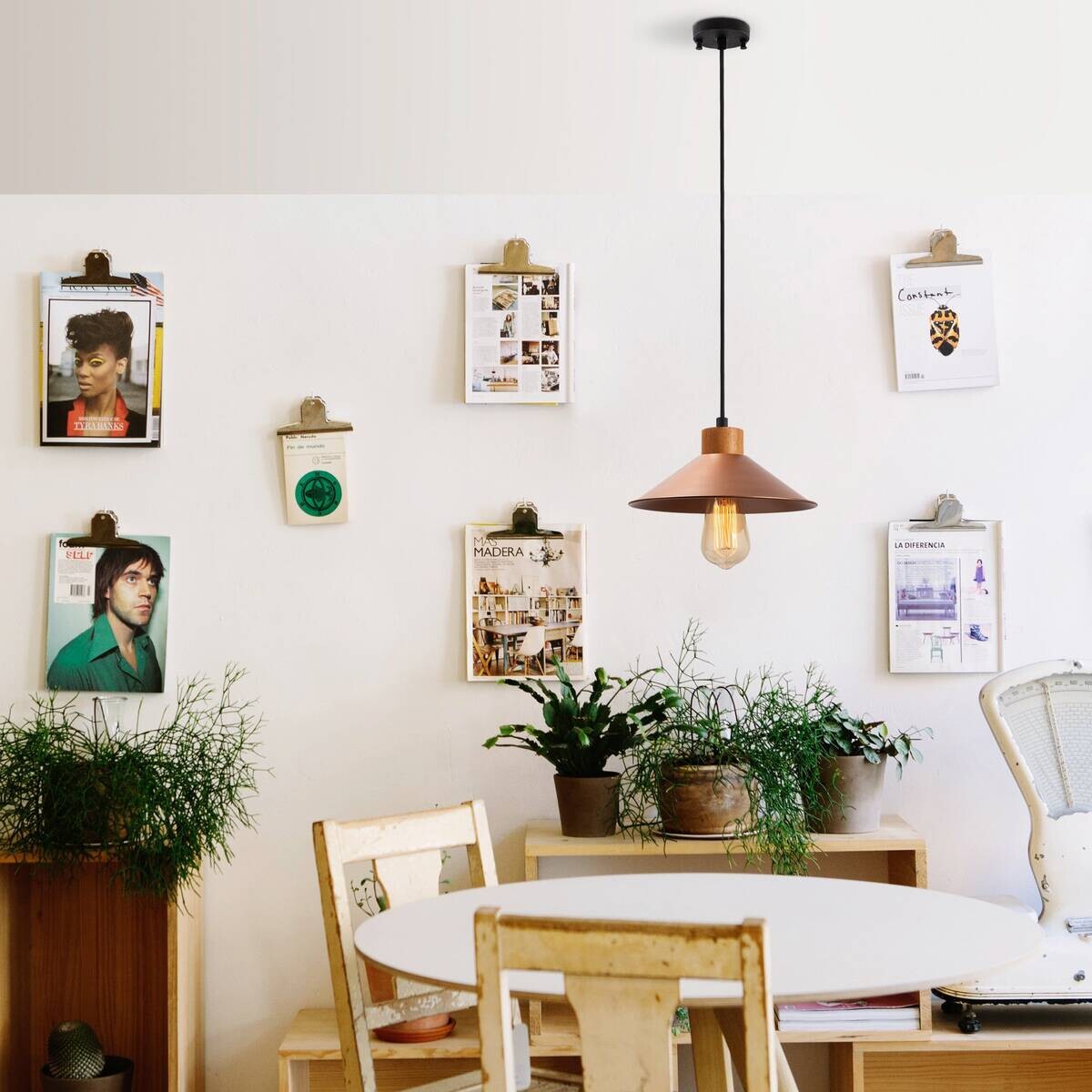 Opviq Pendelleuchte Kupfer Holz B/H/T/L: ca. 103x103x24x103 cm E27 1 Brennstellen