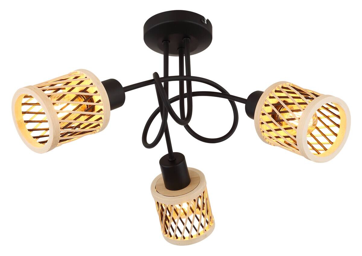 GLOBO LED-Deckenleuchte mattschwarz natur Bambus Metall H/D: ca. 26x40 cm 3 Brennstellen