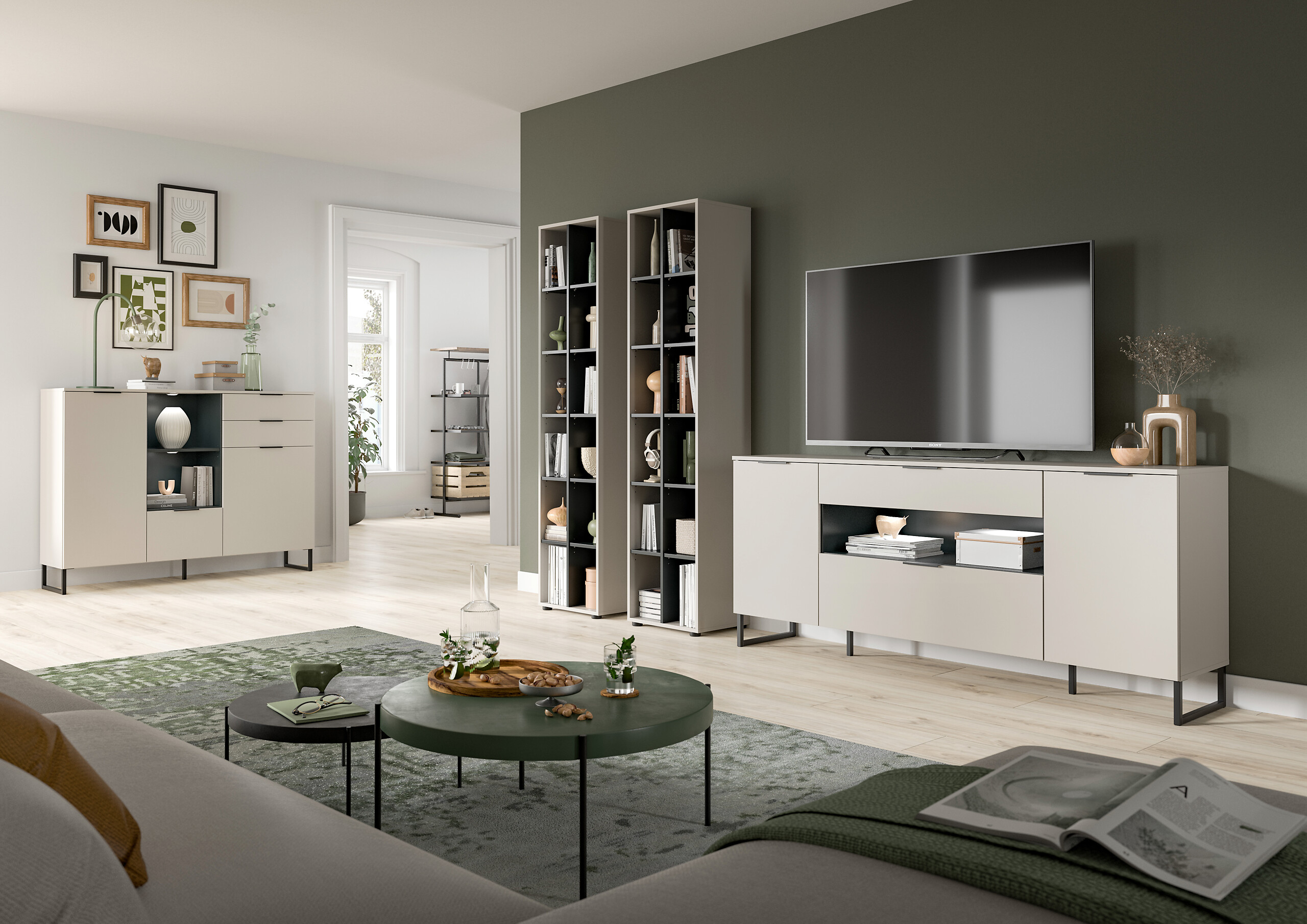 Wohnwand Noida Kaschmirgrau Nachbildung schwarz B/H/T: ca. 305x192x41 cm