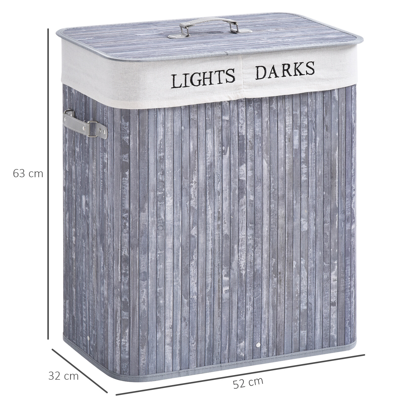 HOMCOM Wäschekorb mit 2 Tragegriffen grau Bambus Kunststoff B/H/L: ca. 32x63x52 cm