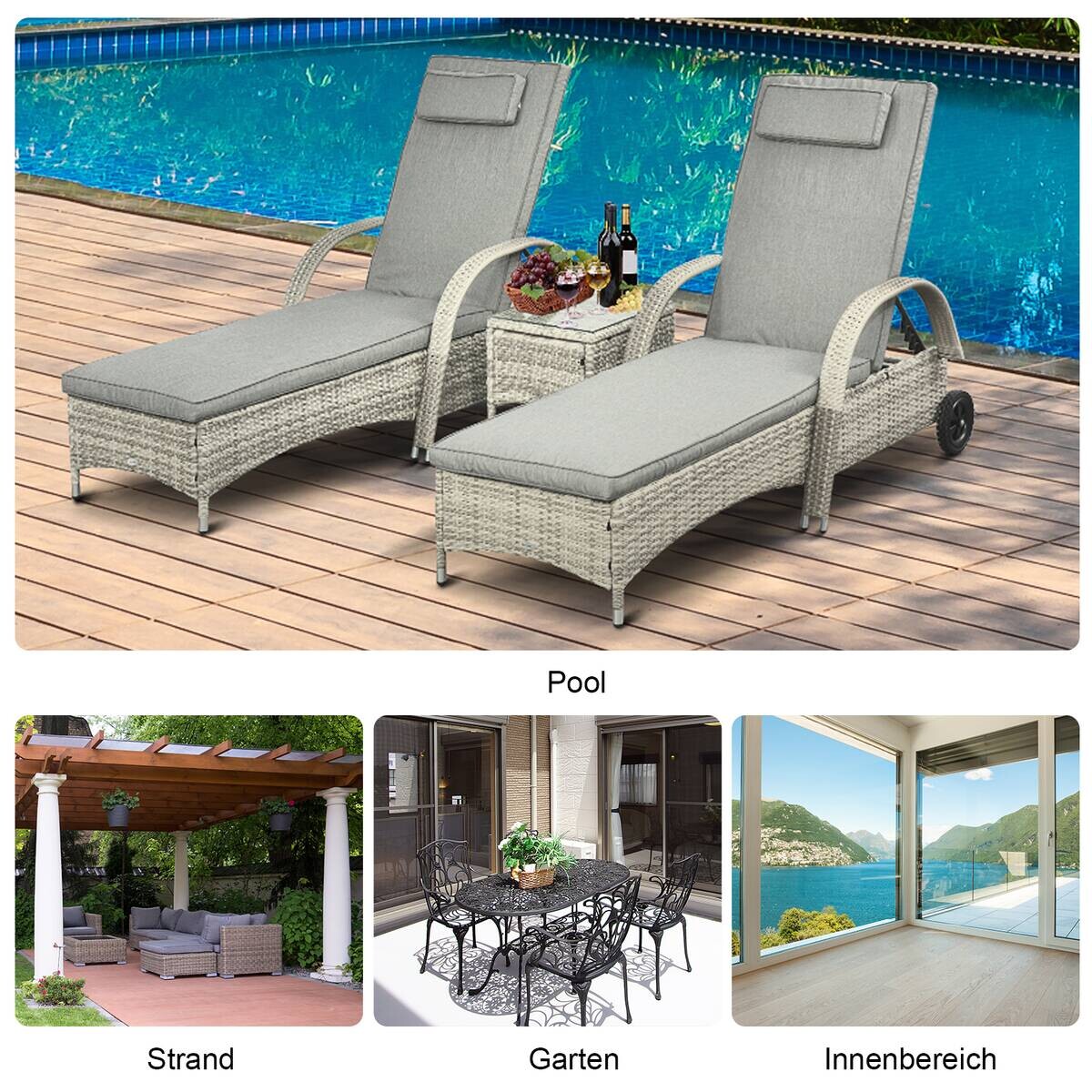 Outsunny Gartenliege-Set mit Tisch grau Polyrattan B/H/L: ca. 73x103x200 cm
