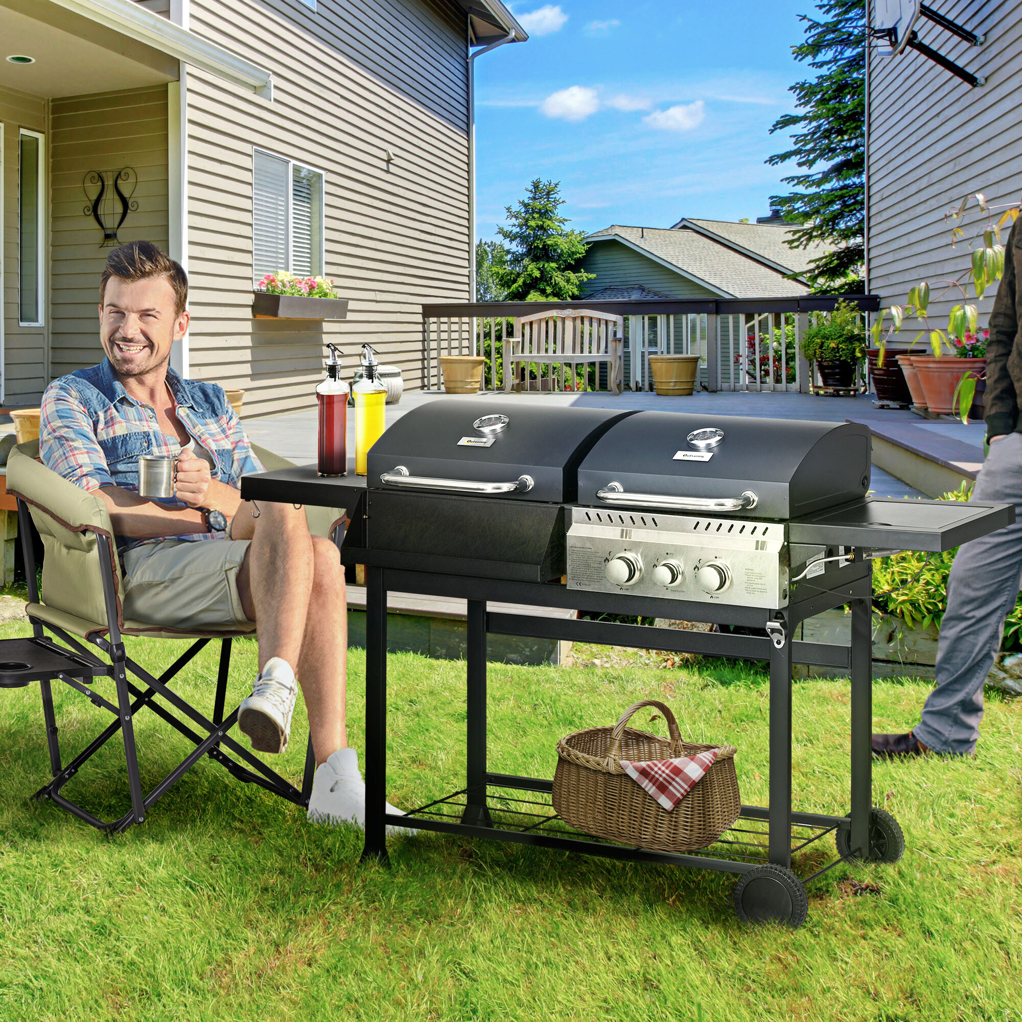 Outsunny Gas-/Kohlegrill Edelstahl B/H/L: ca. 53x101x161 cm