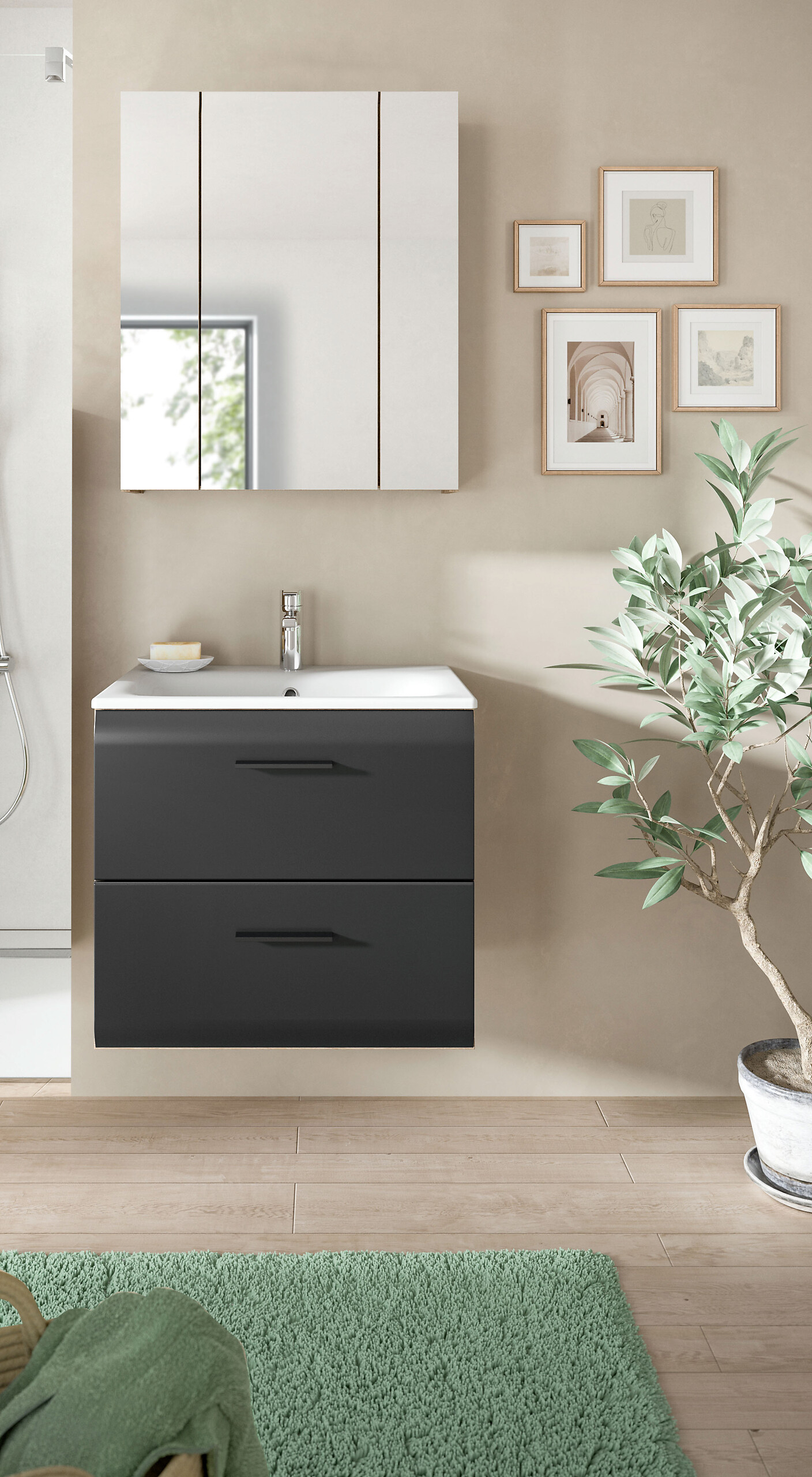 Badezimmer-Set Ice Nox Oak Nachbildung schwarz matt B/H/T: ca. 60x185x46 cm