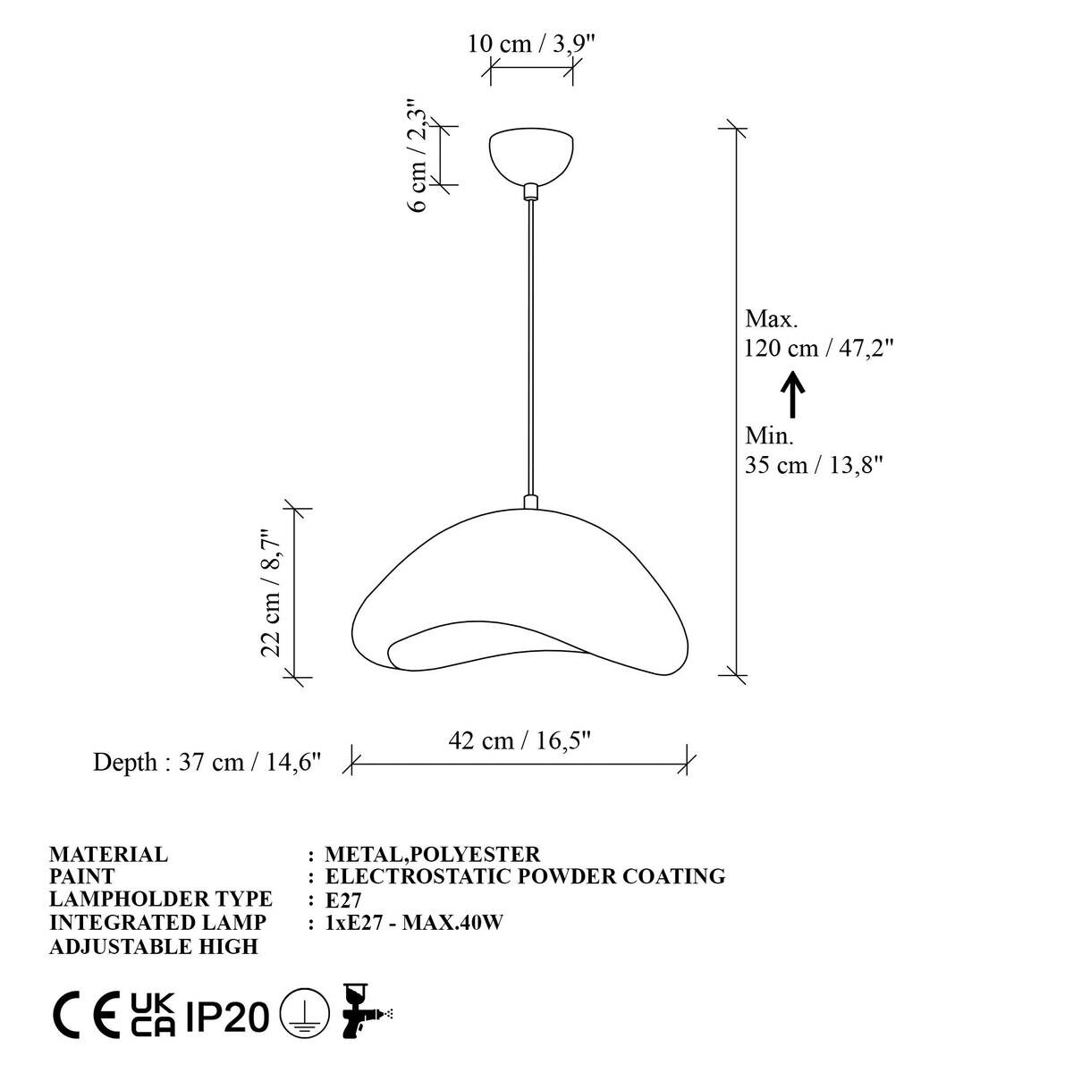 Opviq Pendelleuchte weiß Metall B/H/T/L: ca. 42x120x37x42 cm E27 1 Brennstellen