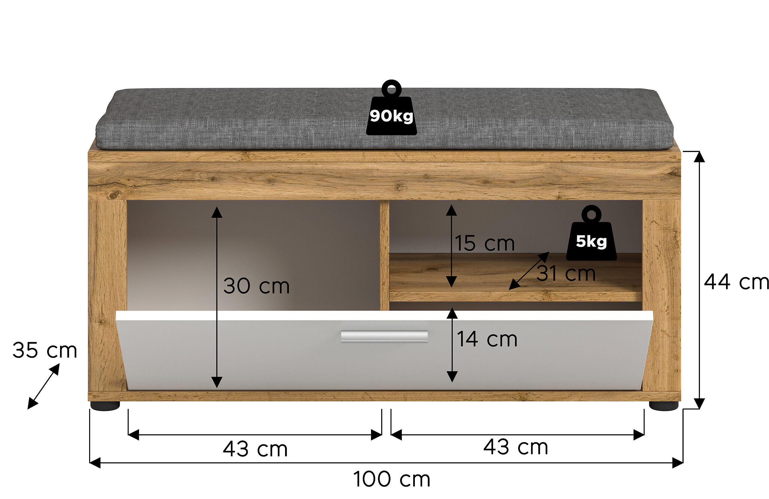 Sitzbank JAM Eiche Wotan Nachbildung weiß B/H/T: ca. 100x44x35 cm