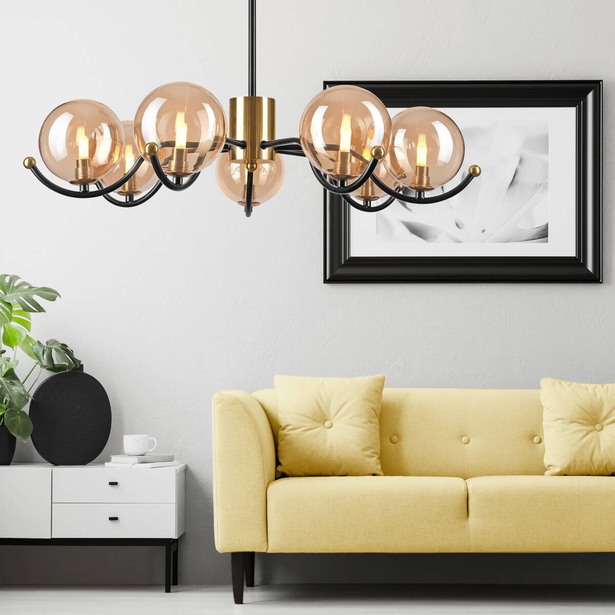 Lamkur Pendelleuchte GEORGIA 49298 gold schwarz Stahl Glas H/L: ca. 48,5x66 cm E27 7 Brennstellen