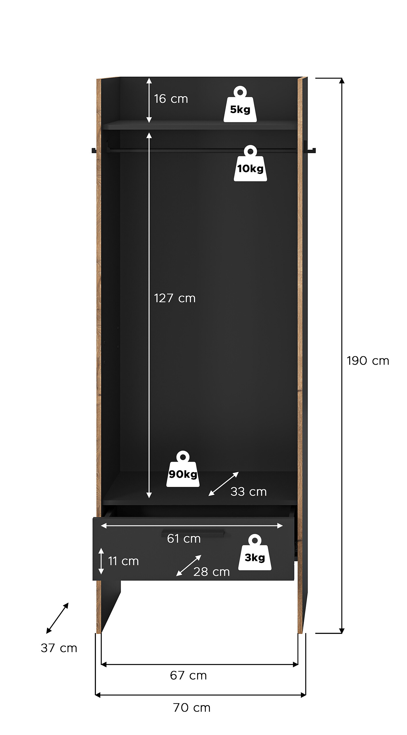 Garderobenschrank Bueno Basalt Nox Oak Nachbildung B/H/T: ca. 70x189x37 cm