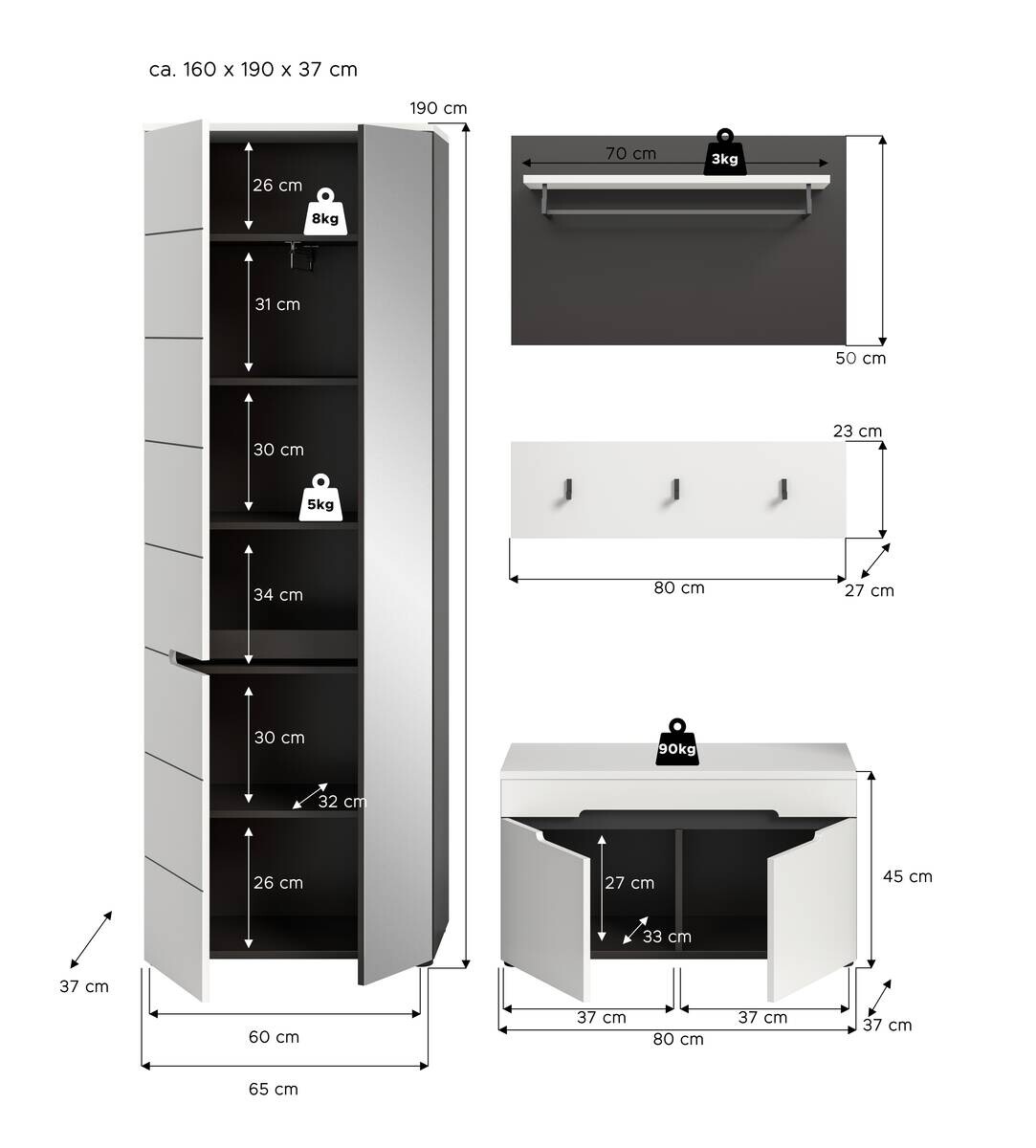 Garderobe Canu basaltgrau Nachbildung weiß B/H/T: ca. 160x190x37 cm