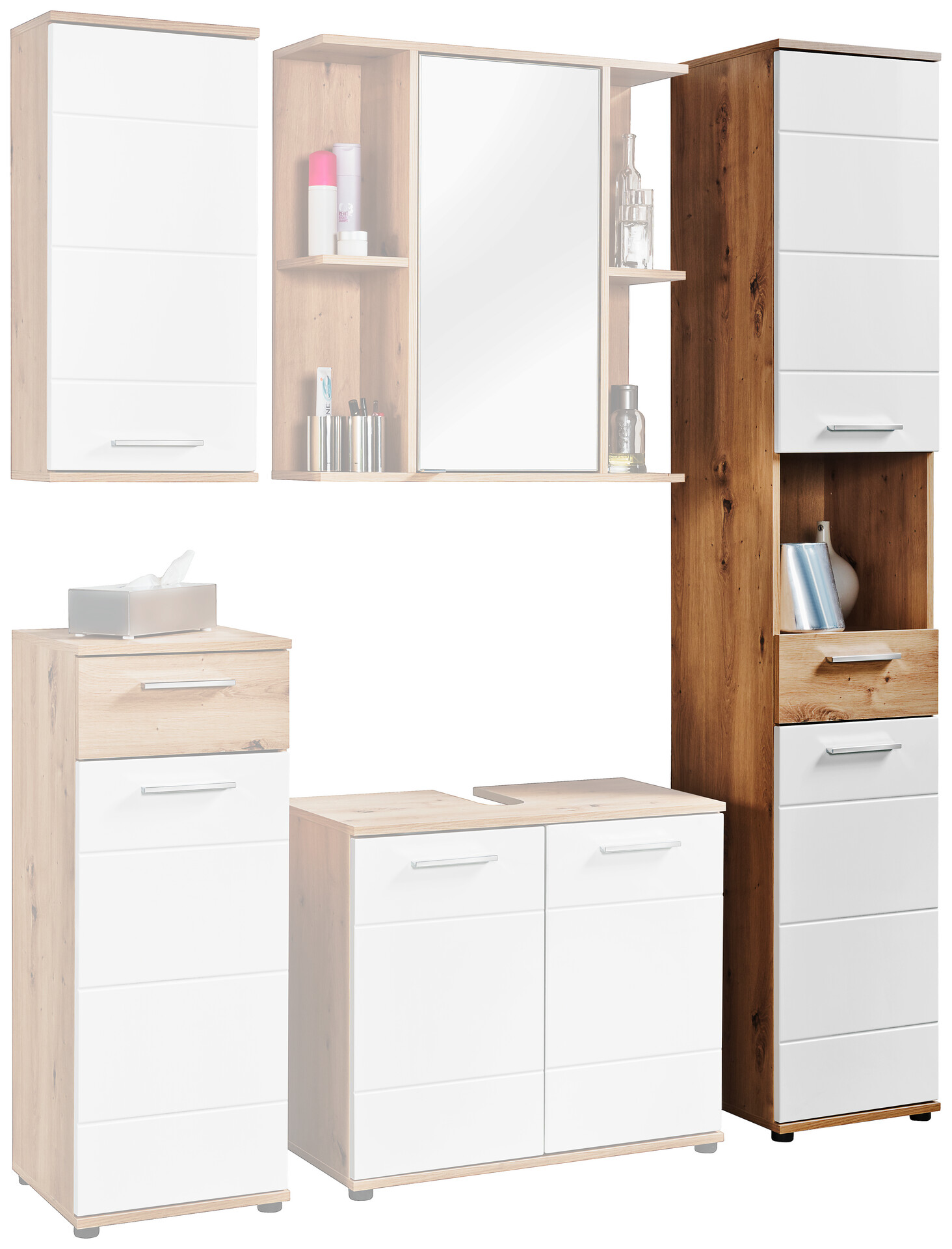 Badhochschrank Bergen Eiche Artisan Nachbildung weiß Hochglanz B/H/T: ca. 35x195x35 cm