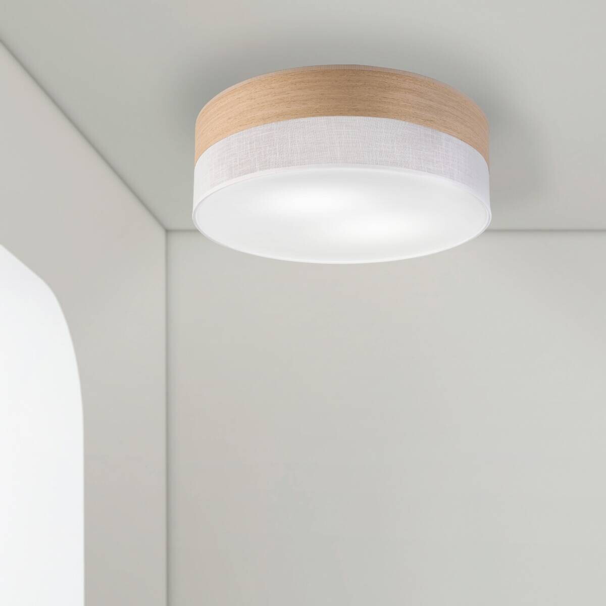 Lamkur Deckenleuchte Eiche weiß PVC Holz B/H/L: ca. 45x15x45 cm E27 2 Brennstellen