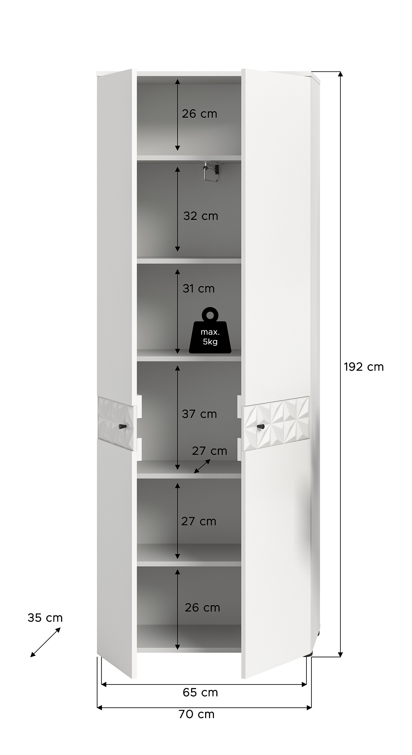 Garderobenschrank Prisma weiß weiß Hochglanz B/H/T: ca. 70,2x192x34,8 cm