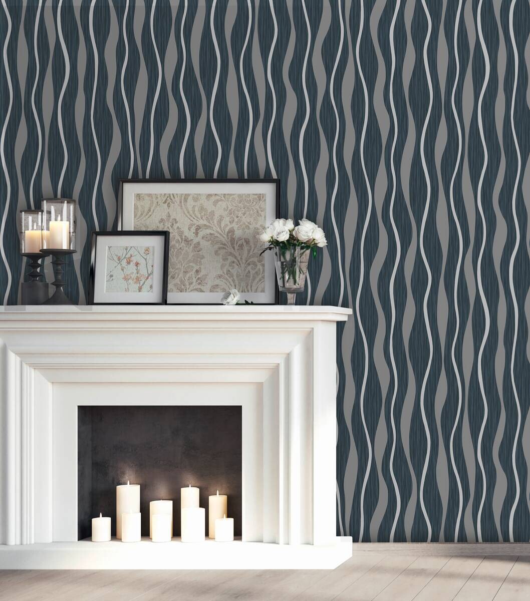 UGEPA Vinyltapete Wellen schwarz silber B/L: ca. 53x1005 cm glitzernd