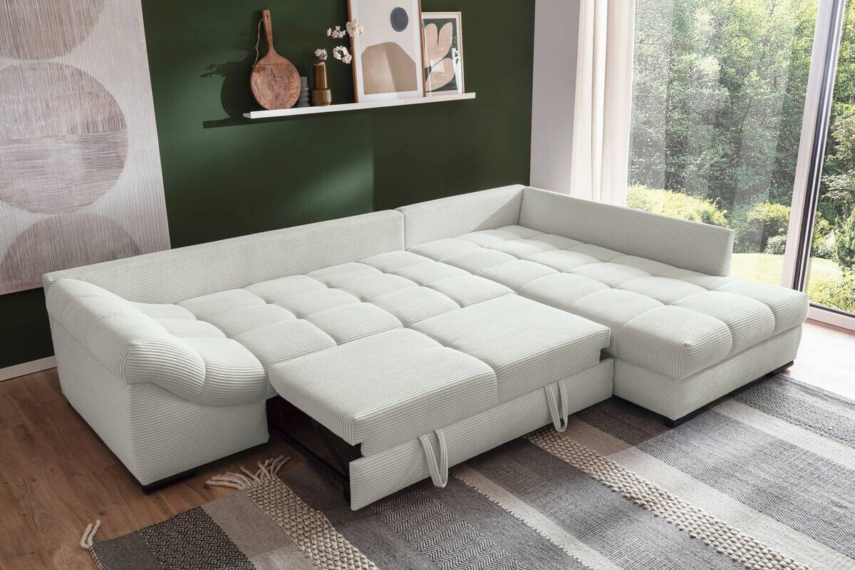 Ecksofa mit Bettfunktion ivory Microfaser B/H/T: ca. 303x88x202 cm