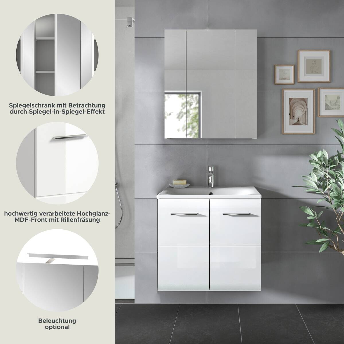 Badezimmer-Set Ice weiß weiß Hochglanz B/H/T: ca. 60x185x46 cm