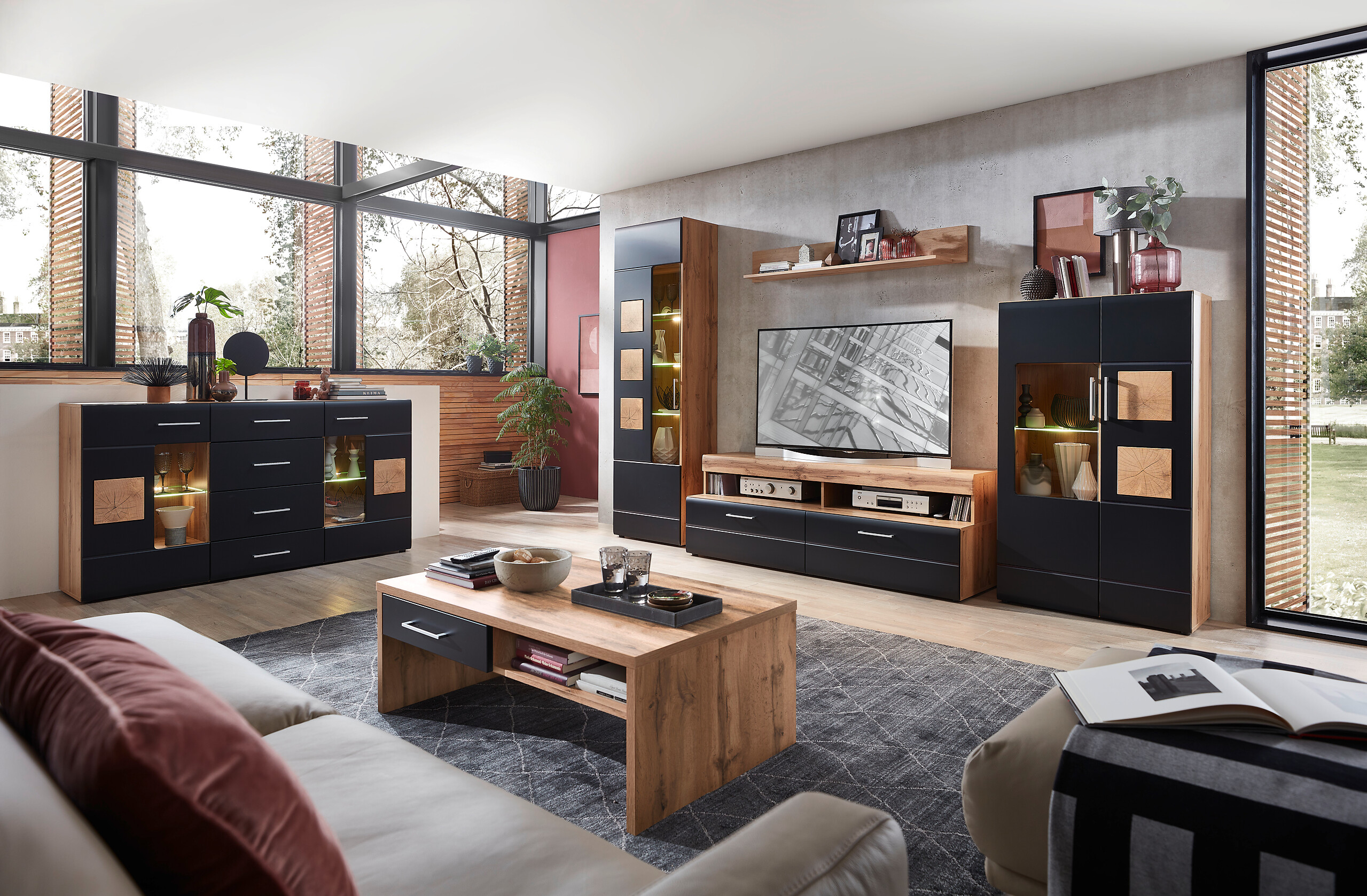 Wohnwand Sonate Eiche Nachbildung schwarz matt B/H/T: ca. 340x208x52 cm