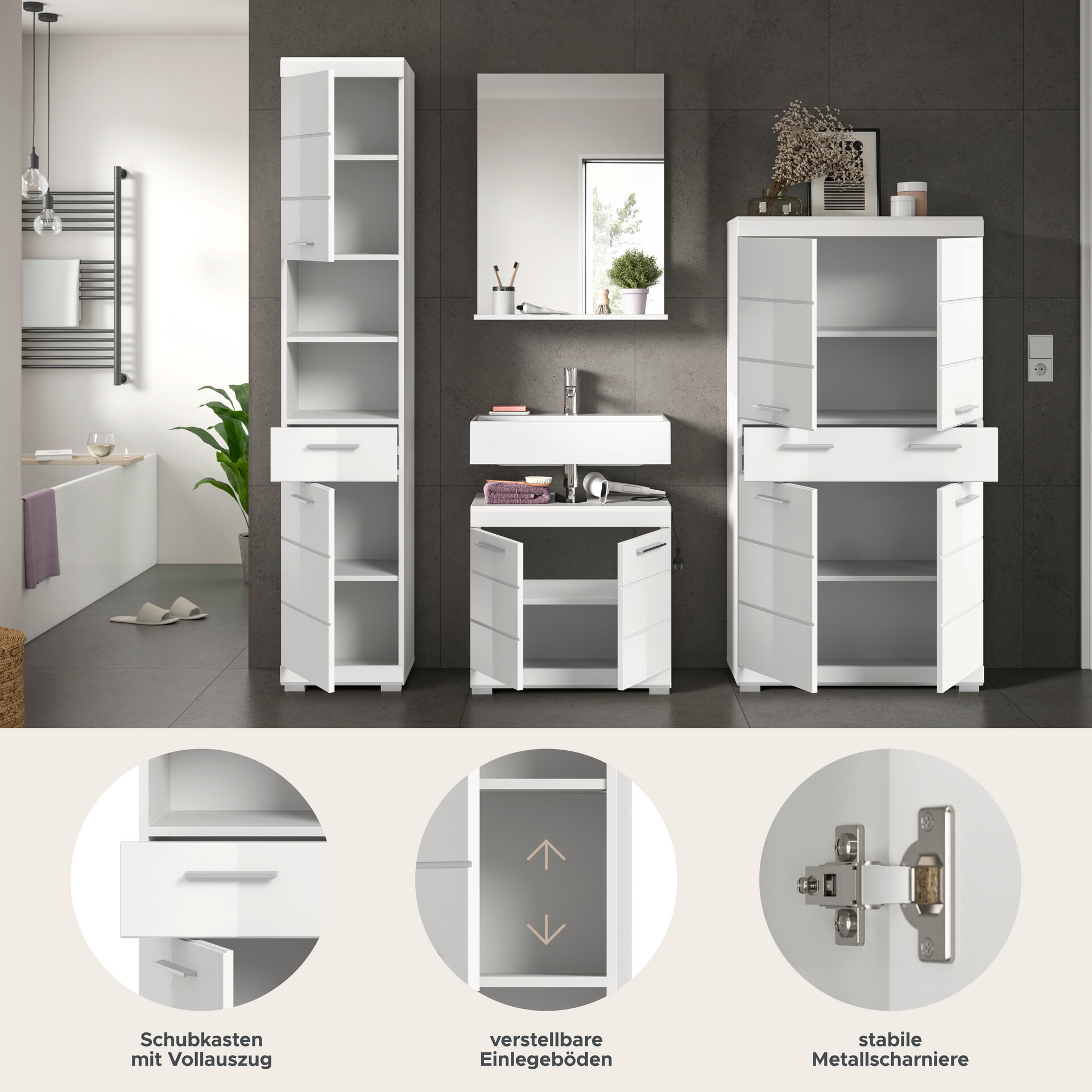 Badezimmer-Set Scout weiß weiß Hochglanz B/H/T: ca. 186x191x34 cm