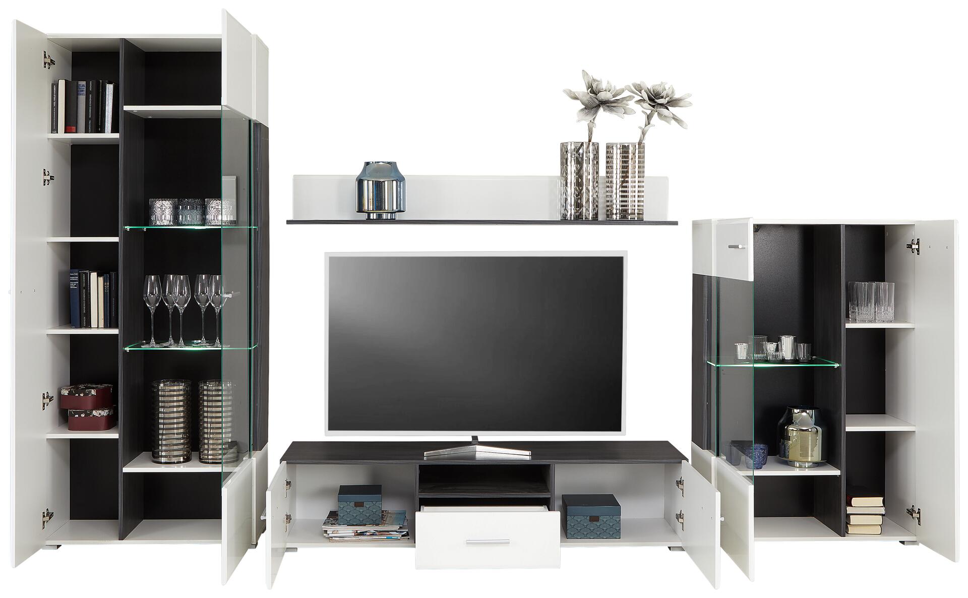 Wohnwand Concerto weiß Hochglanz schwarz B/H/T: ca. 308x190x41 cm