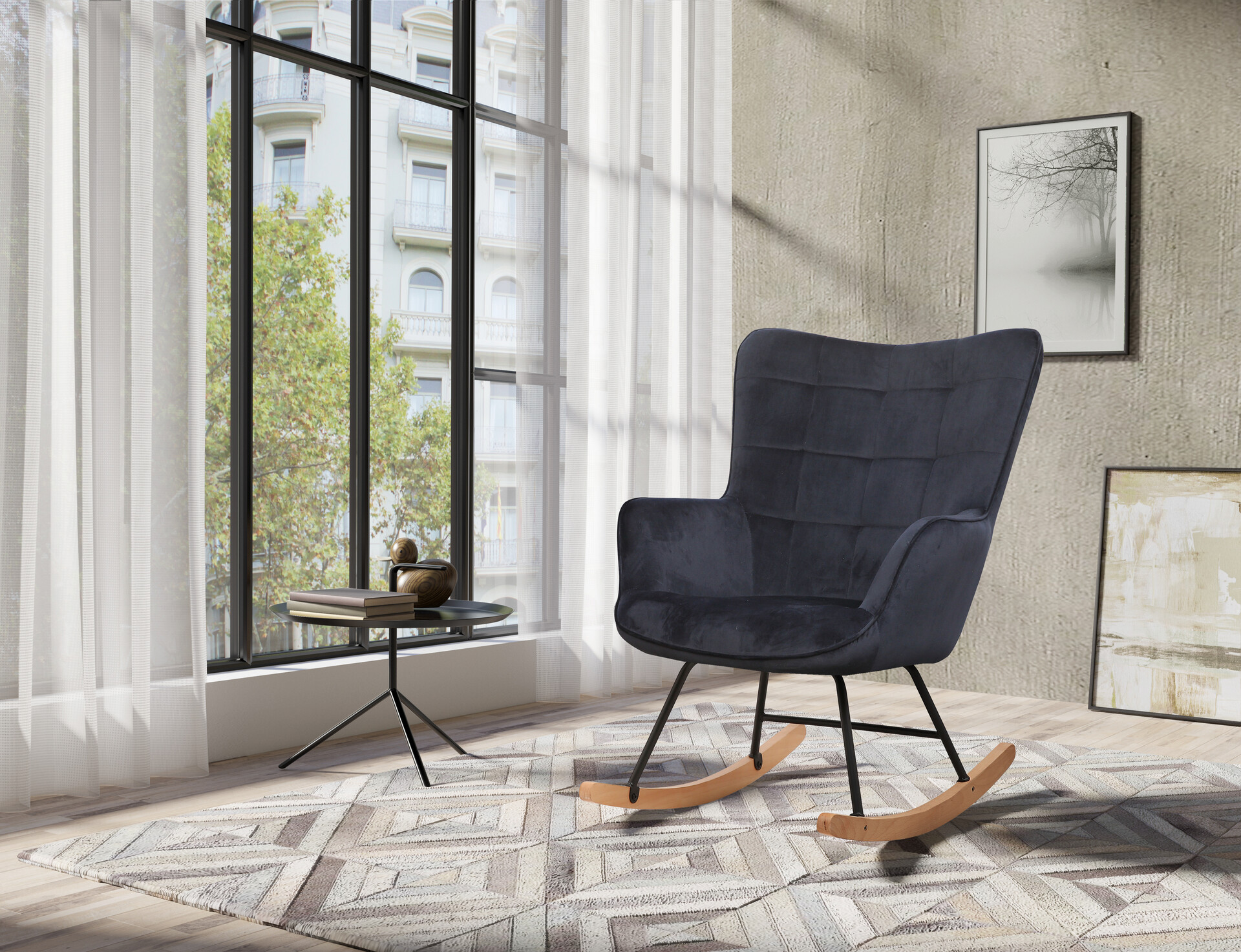 byLIVING Schaukelstuhl RICHIE schwarz schwarz natur Stoff Metall Buche B/H/T: ca. 72x92x92 cm