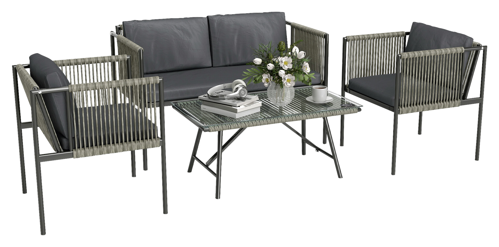 Outsunny Rattan Gartenmöbel-Set grau Stahl B/H/L: ca. 65x68x116 cm